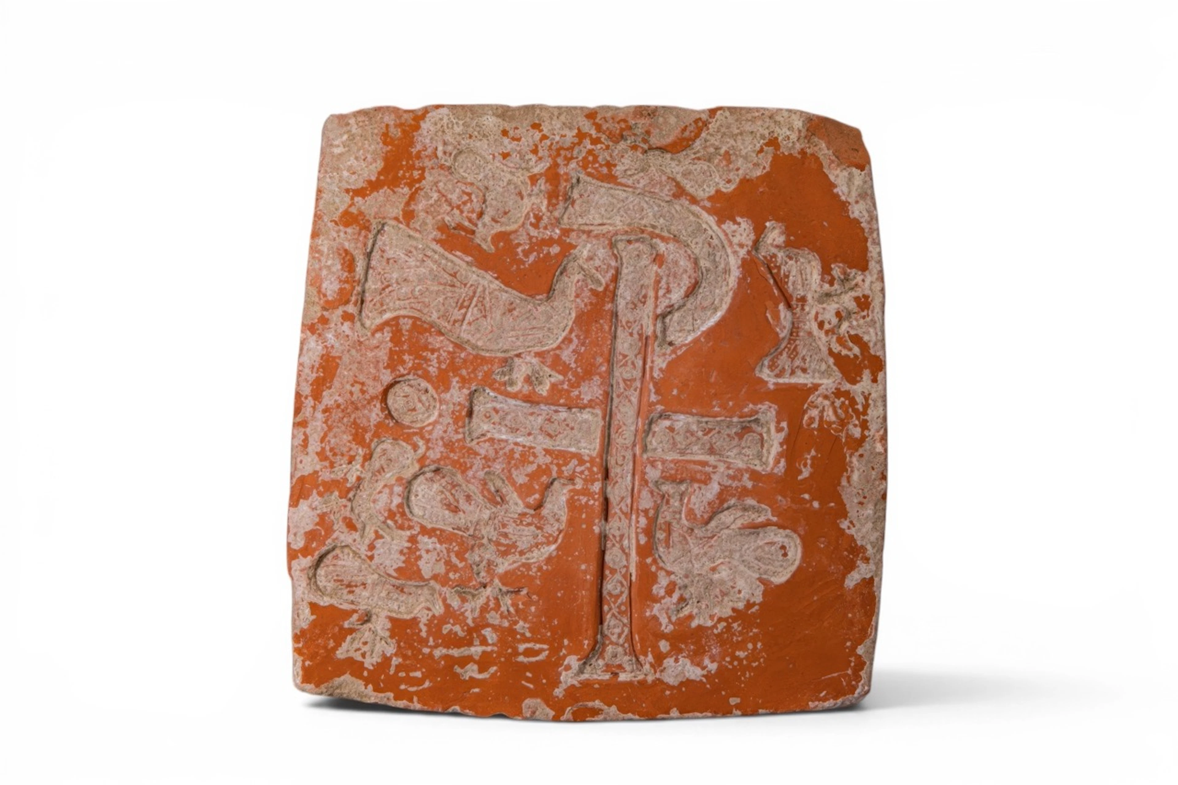RARE BYZANTINE TERRACOTTA TILE WITH CHI-RHO AND PEACOCKS