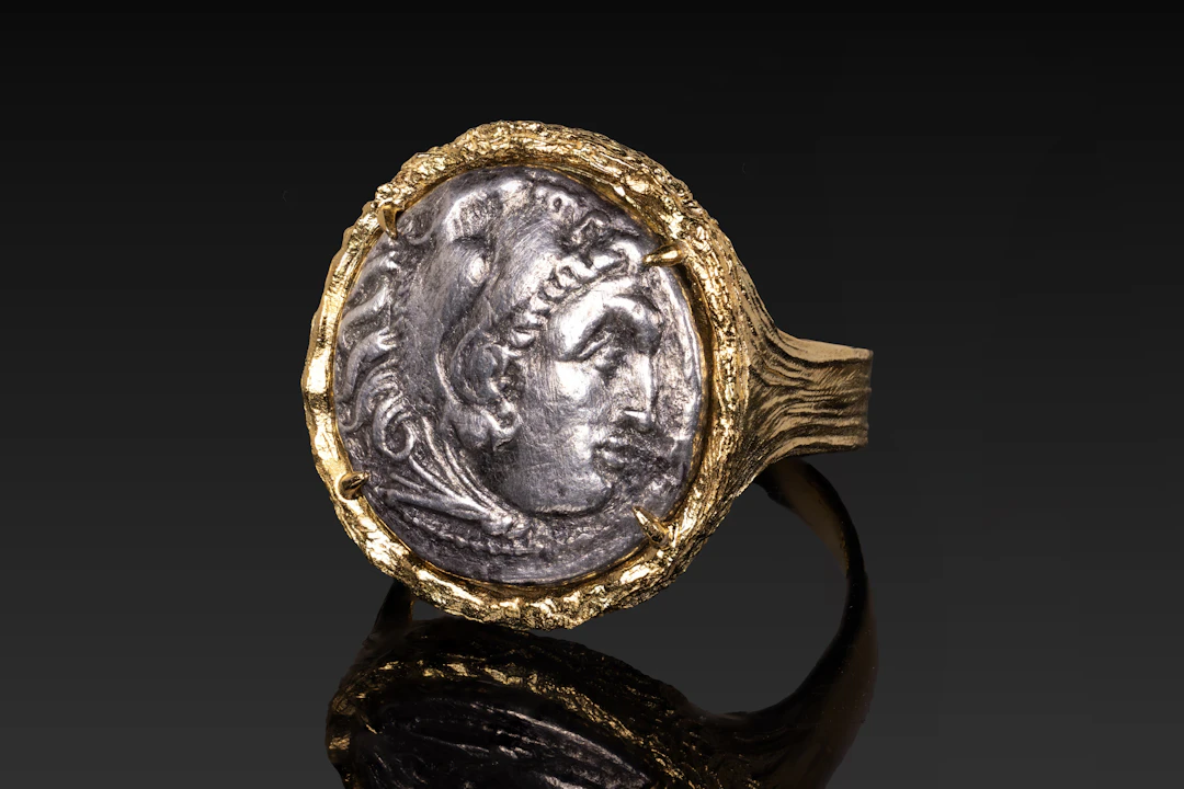 SILVER DRACHM OF ALEXANDER THE GREAT IN GOLD-PLATED STERLING SILVER RING