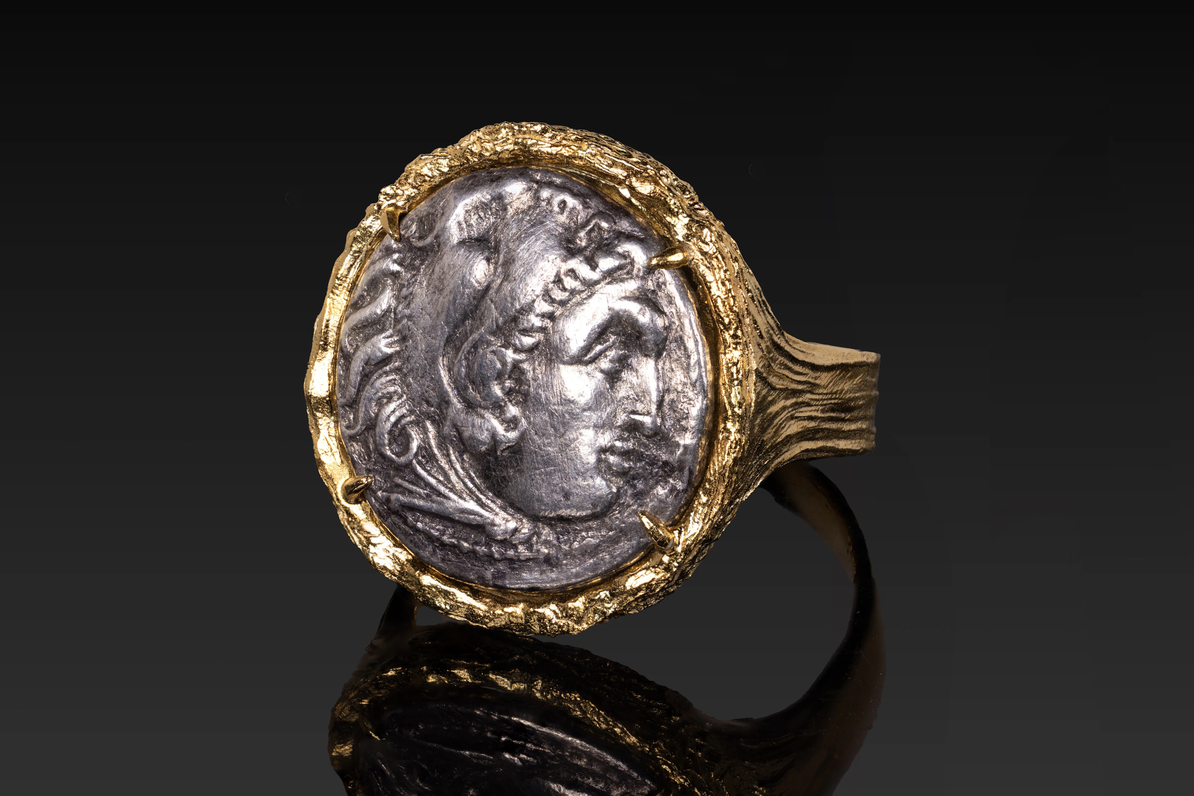 SILVER DRACHM OF ALEXANDER THE GREAT IN GOLD-PLATED STERLING SILVER RING