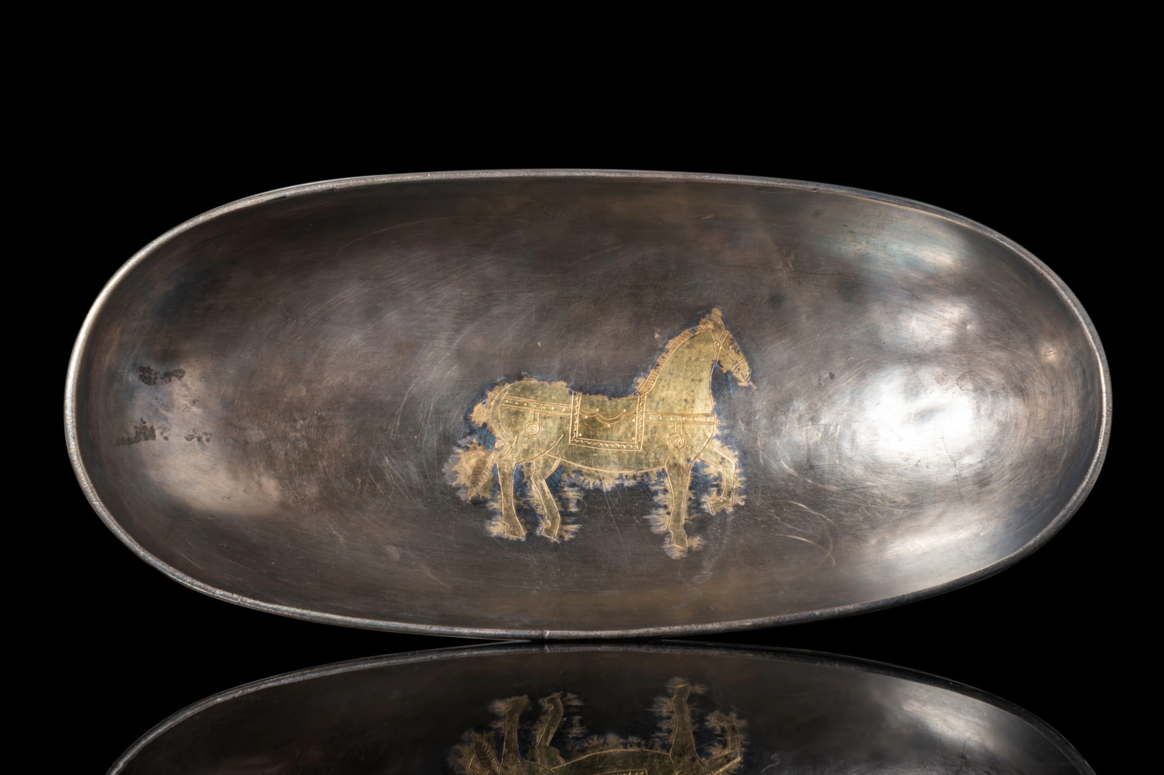 SASANIAN SILVER-GILT OVAL BOWL WITH ROYAL HORSE