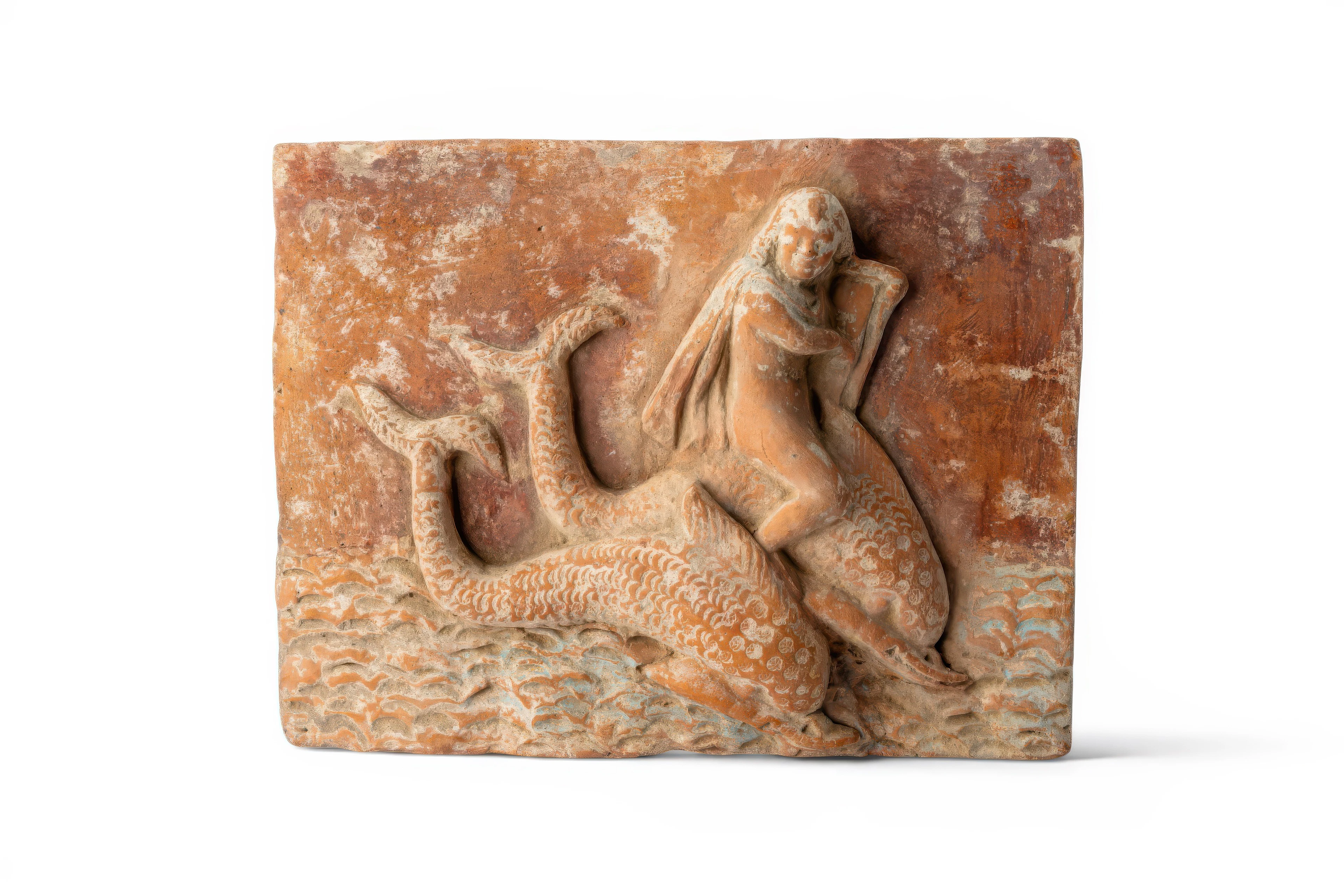 RARE ROMAN PAINTED TERRACOTTA TILE WITH EROS RIDING DOLPHINS