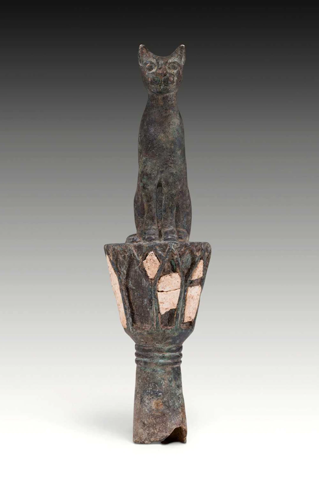 EGYPTIAN BRONZE GODDESS BASTET AS A CAT ON A LOTUS COLUMN