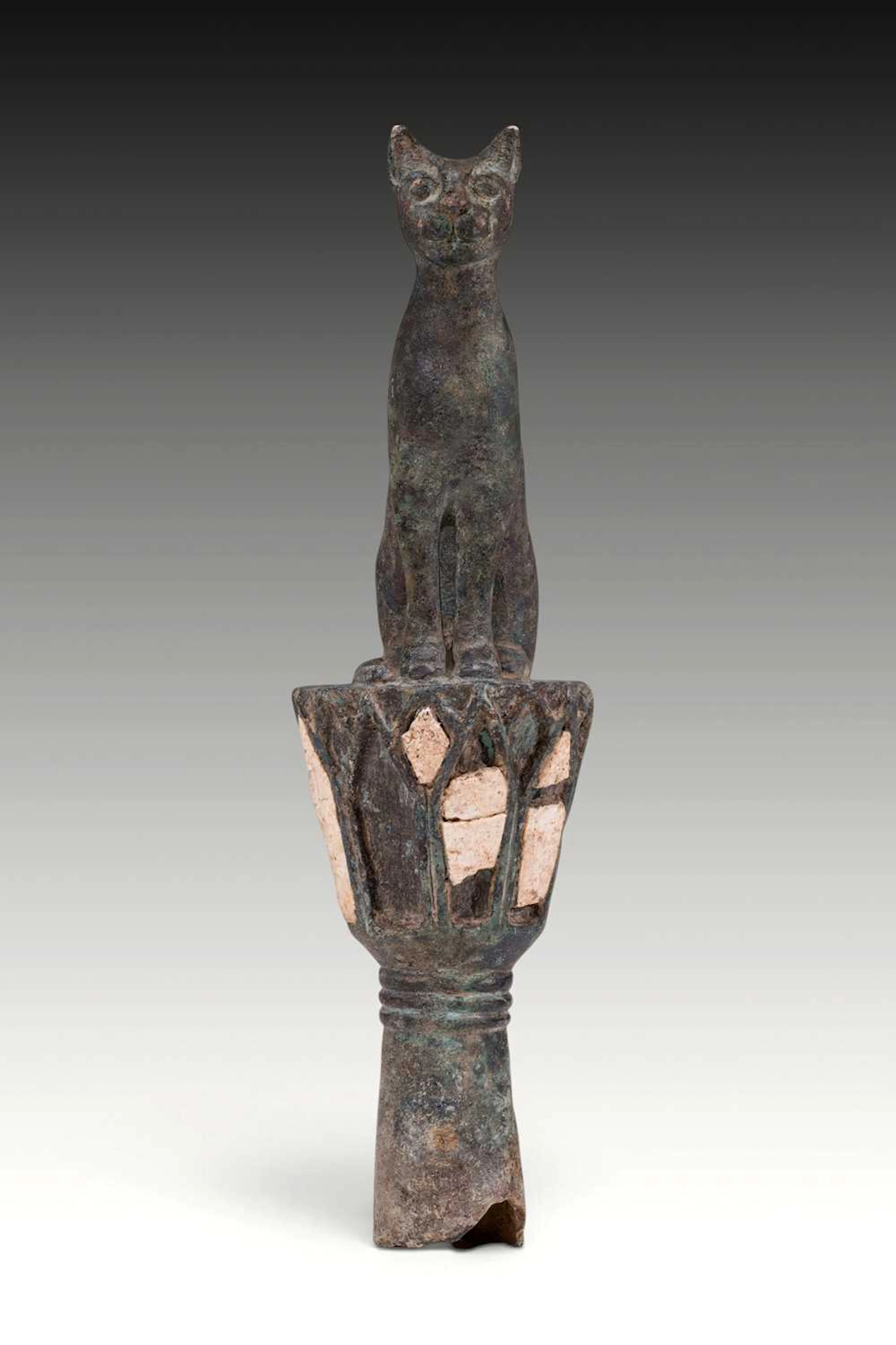 EGYPTIAN BRONZE GODDESS BASTET AS A CAT ON A LOTUS COLUMN