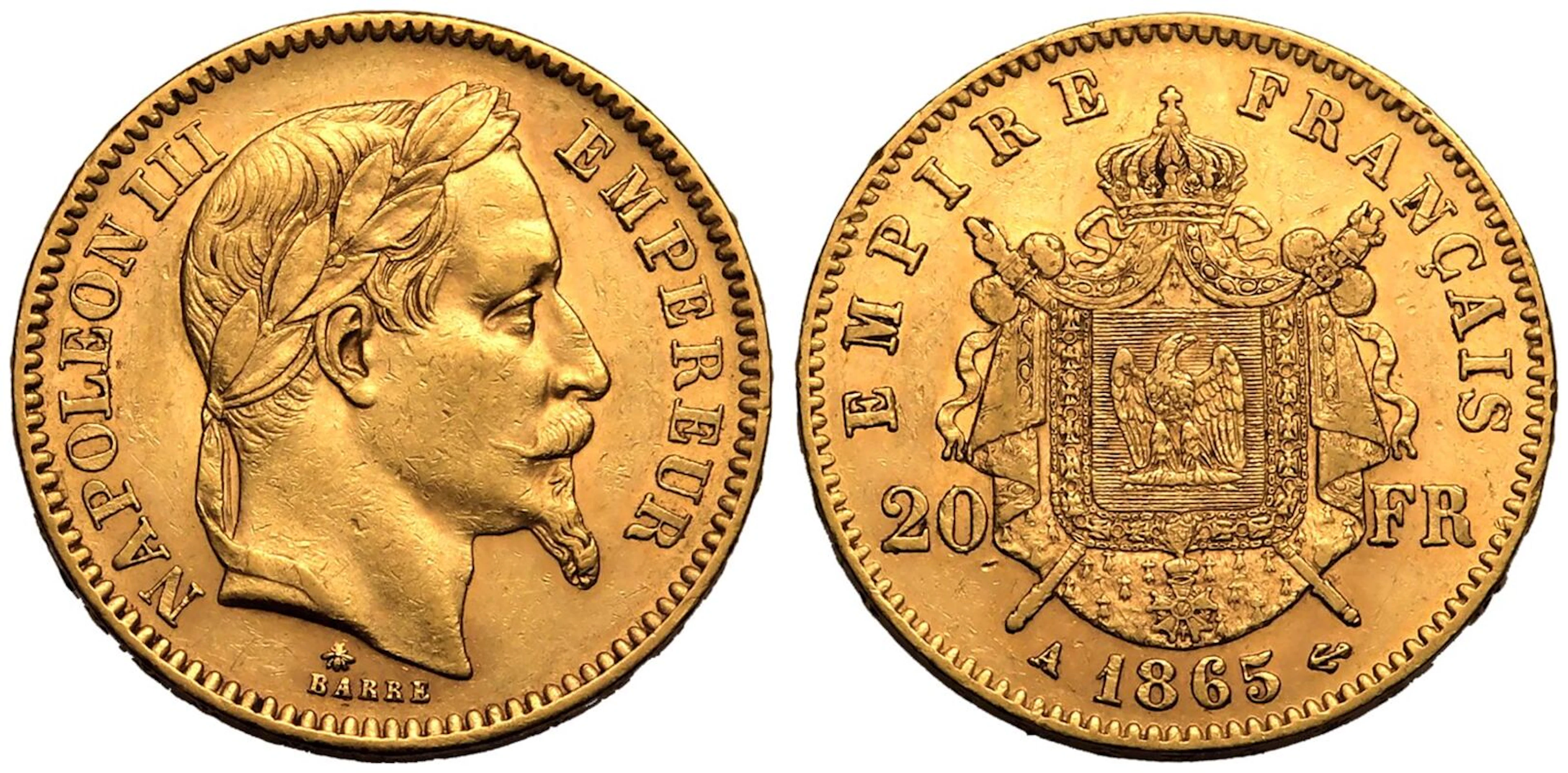 France Napoleon III 1865 A Gold 20 Francs NGC MS 64