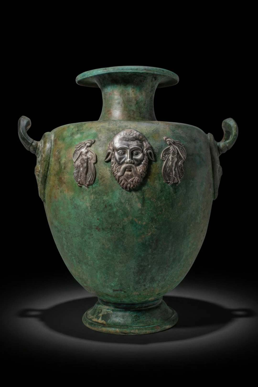 STUNNING GREEK BRONZE HYDRIA WITH SILVER APPLIQUES OF SILENUS BETWEEN