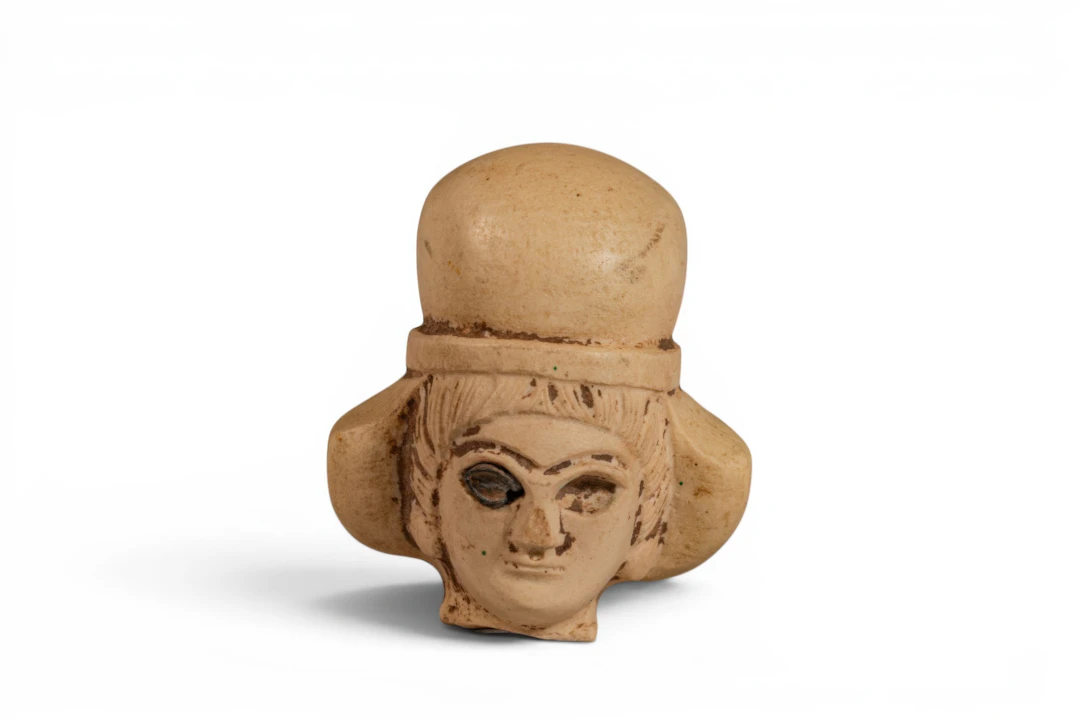 MESOPOTAMIAN STONE HEAD OF A WOMAN WEARING A POLOS CROWN