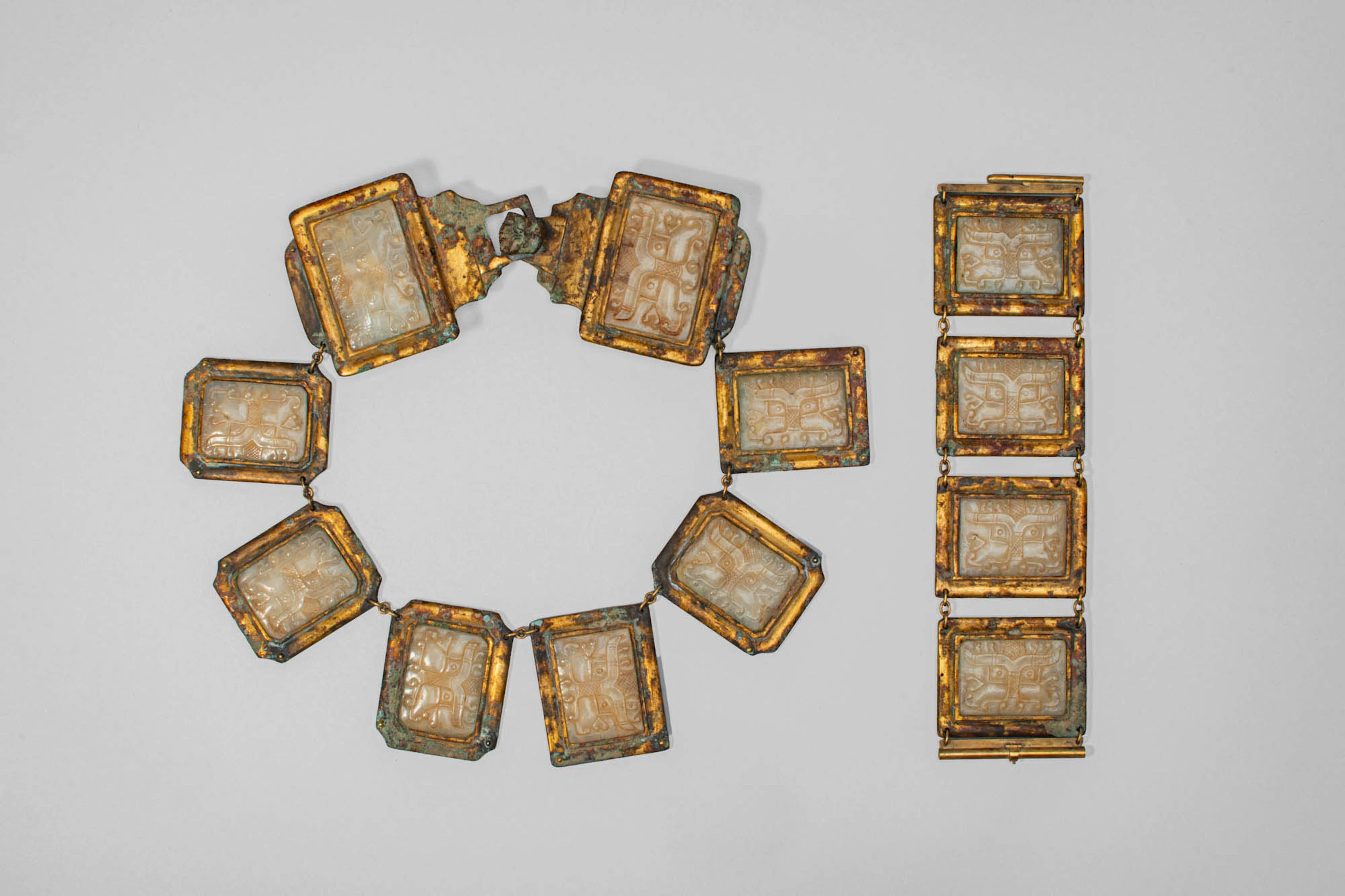 CHINESE JADE AND BRONZE NECKLACE AND BRACELET