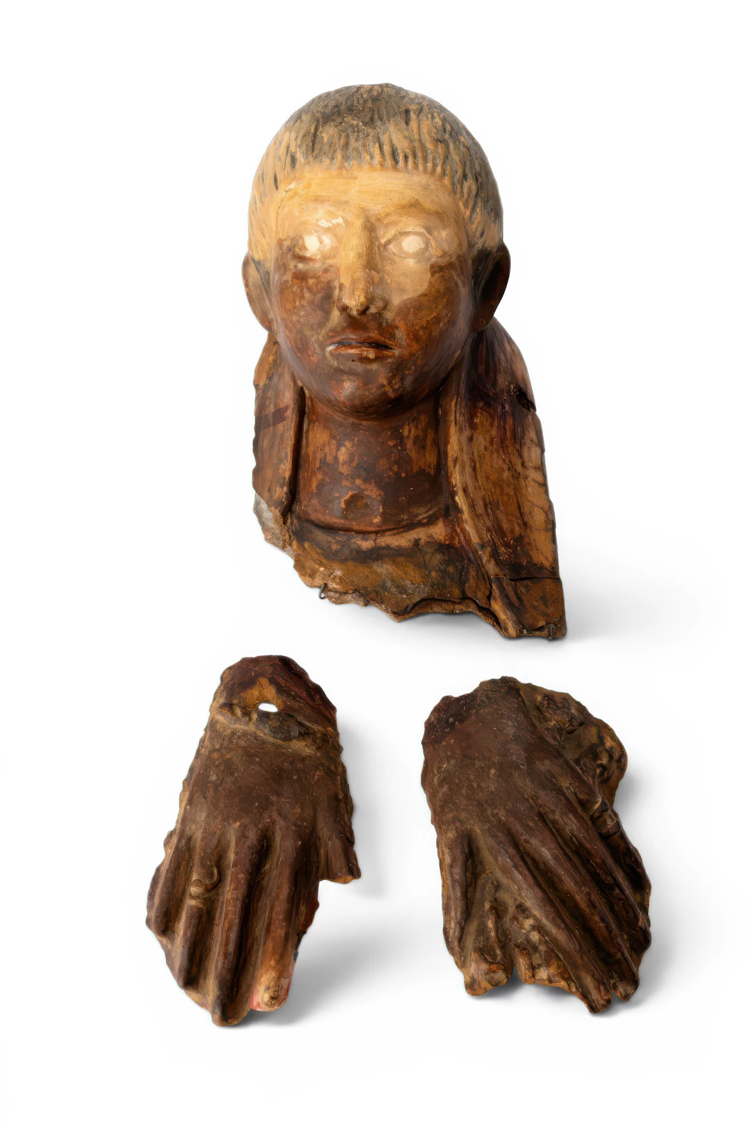 RARE ROMAN-EGYPTIAN MALE FUNERARY MASK WITH TWO EGYPTIAN HANDS IN CARTONNAGE