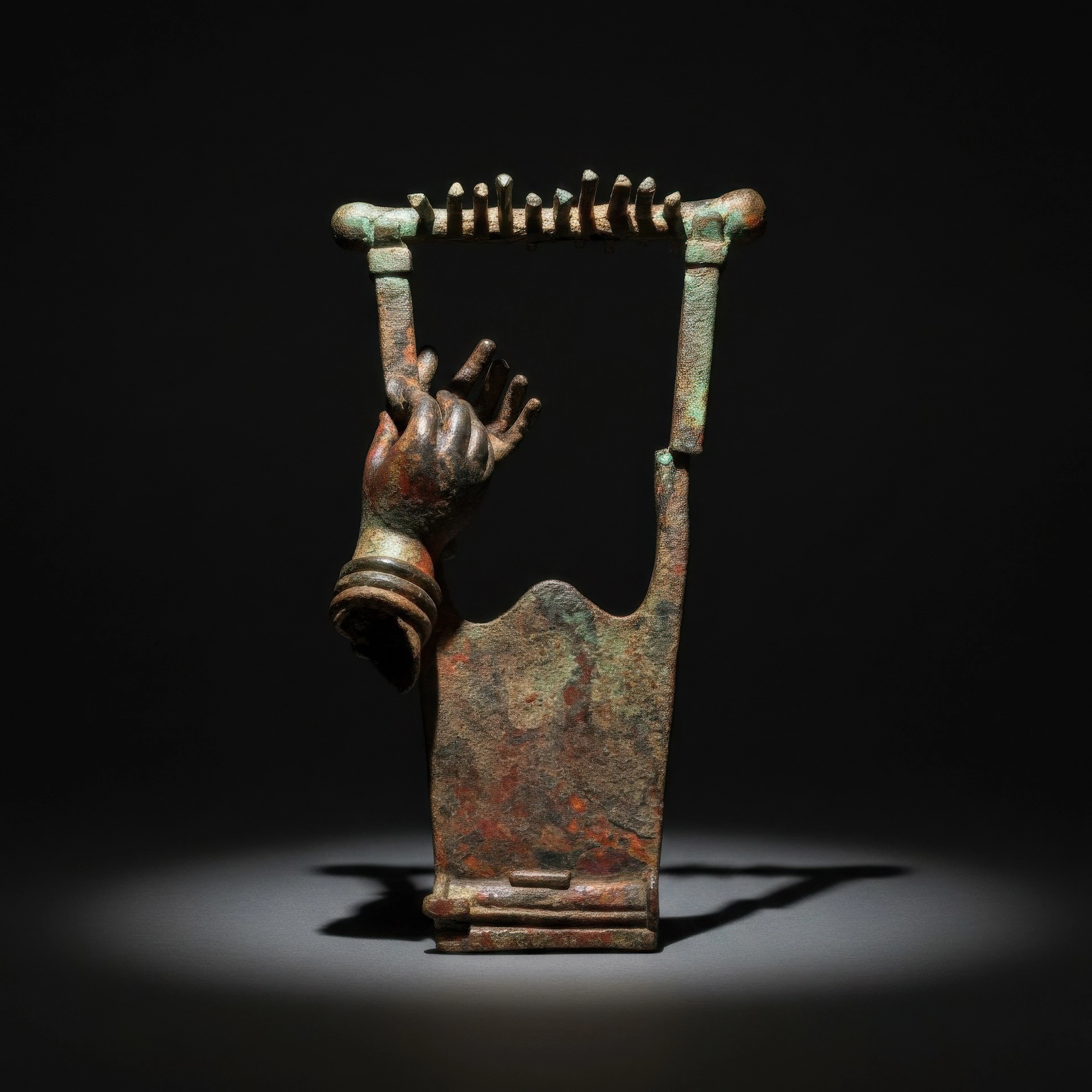 RARE HELLENISTIC BRONZE FIGURE OF HANDS PLAYING A LYRE