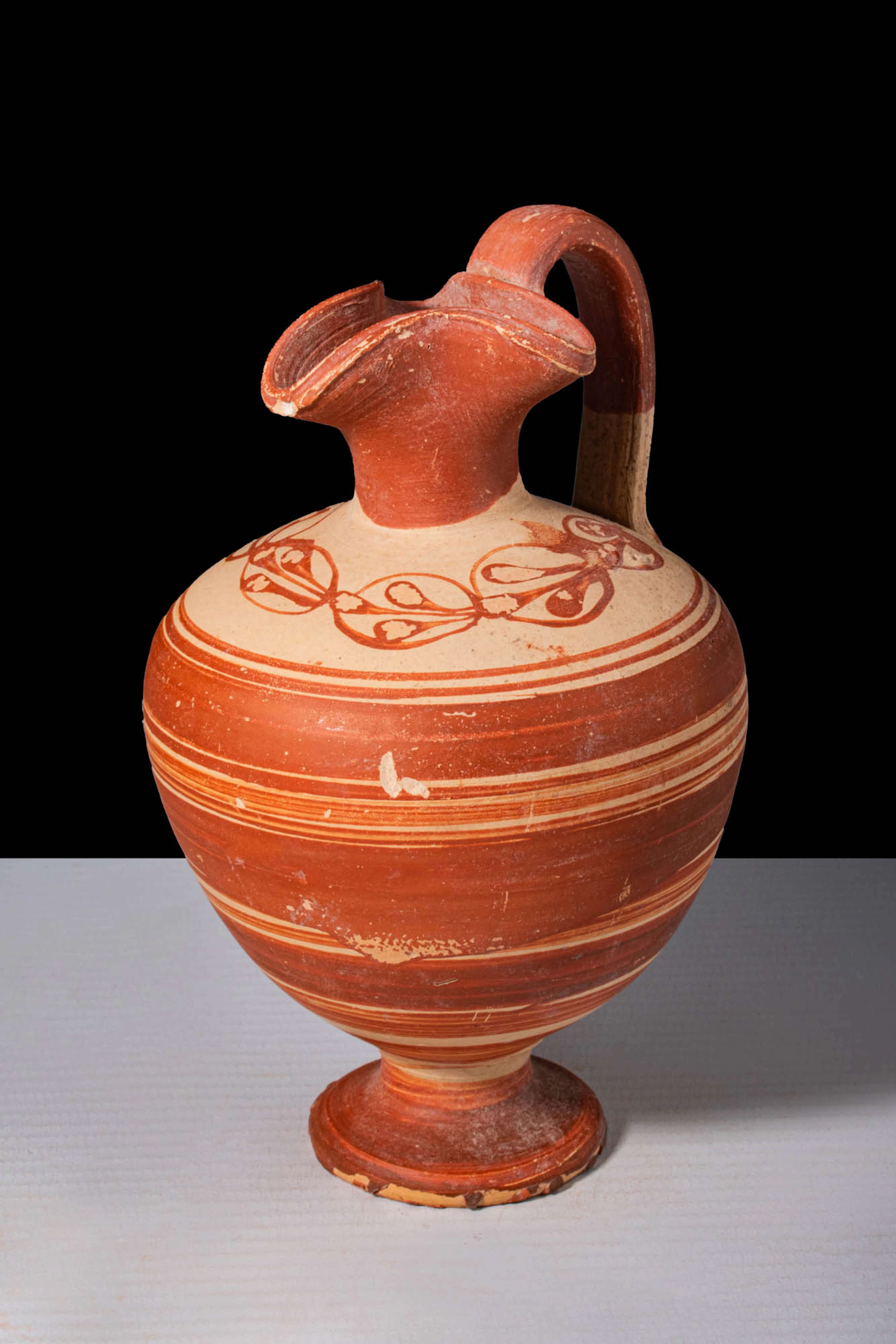 GREEK RED ON WHITE TERRACOTTA TREFOIL OINOCHOE
