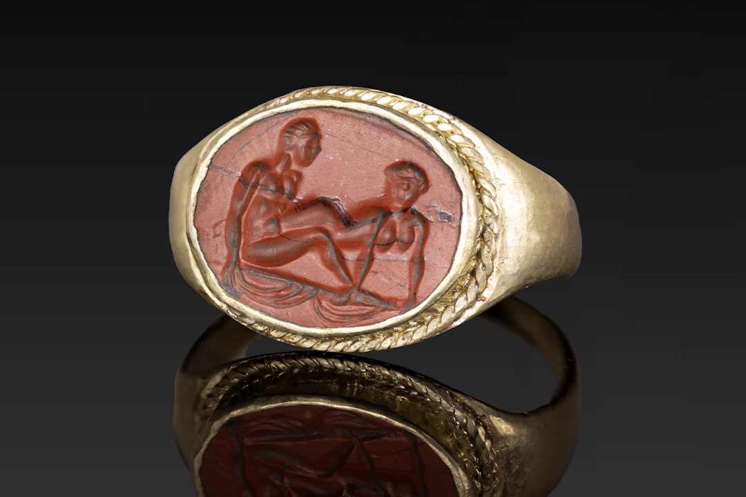 ROMAN JASPER INTAGLIO WITH EROTIC SCENE IN GOLD RING