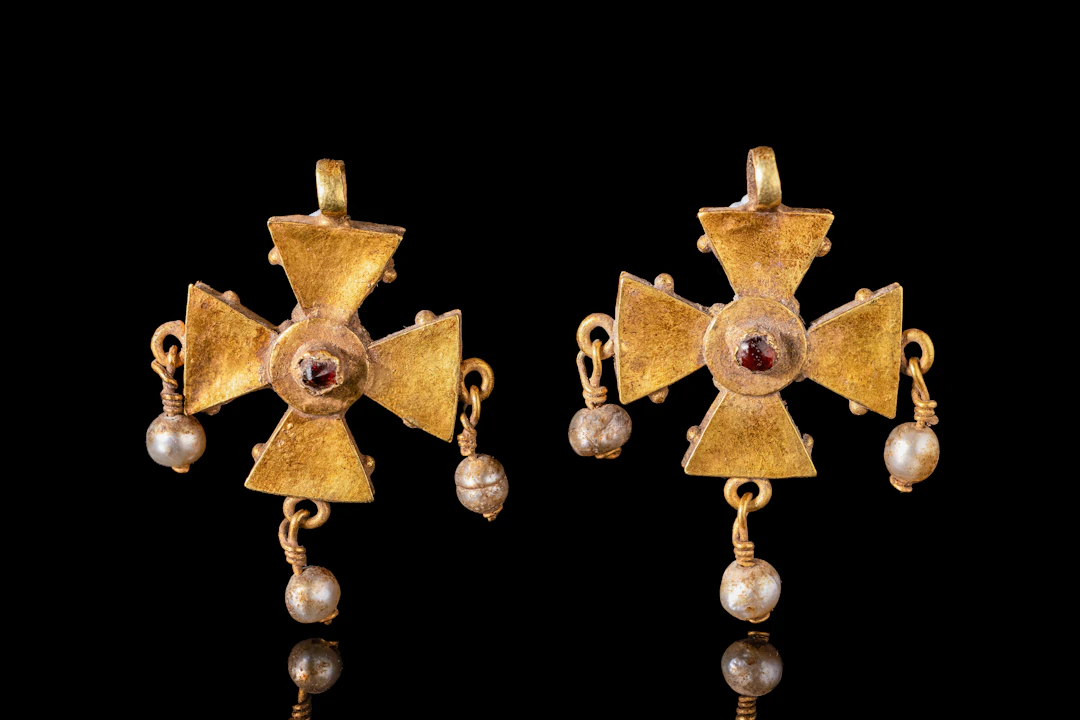 PAIR OF BYZANTINE GOLD CROSS PENDANTS WITH GARNETS AND PEARLS