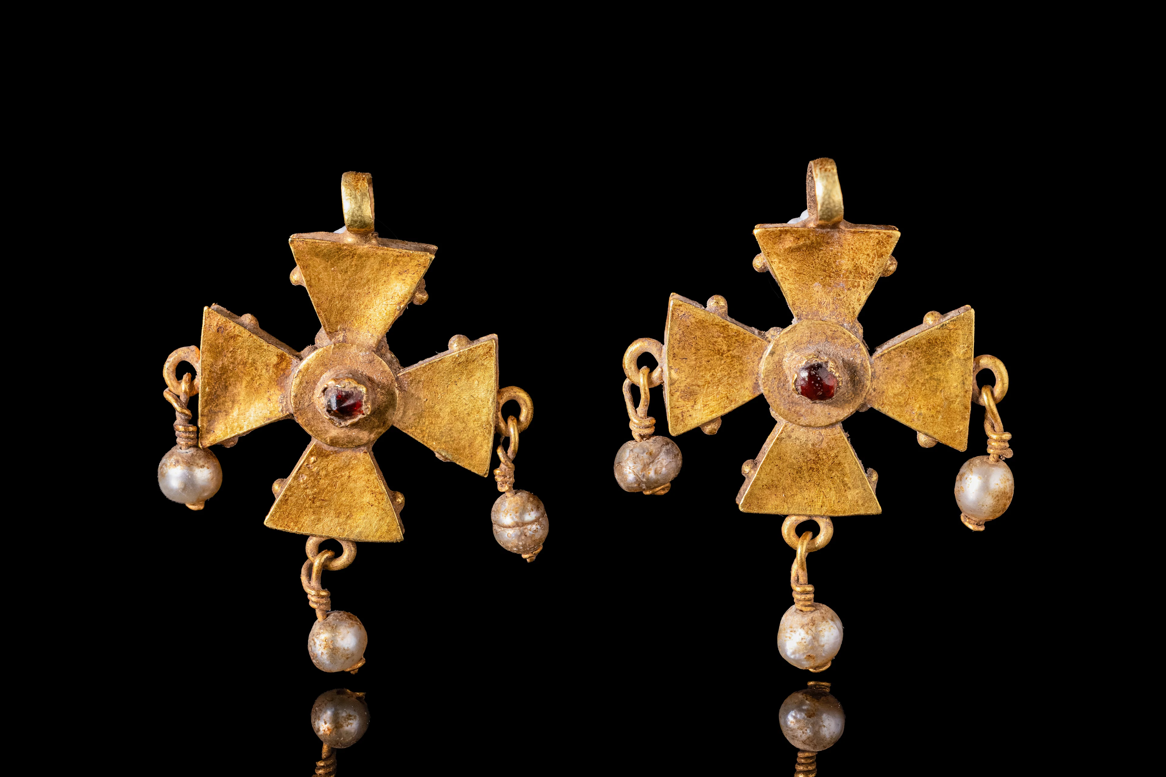PAIR OF BYZANTINE GOLD CROSS PENDANTS WITH GARNETS AND PEARLS