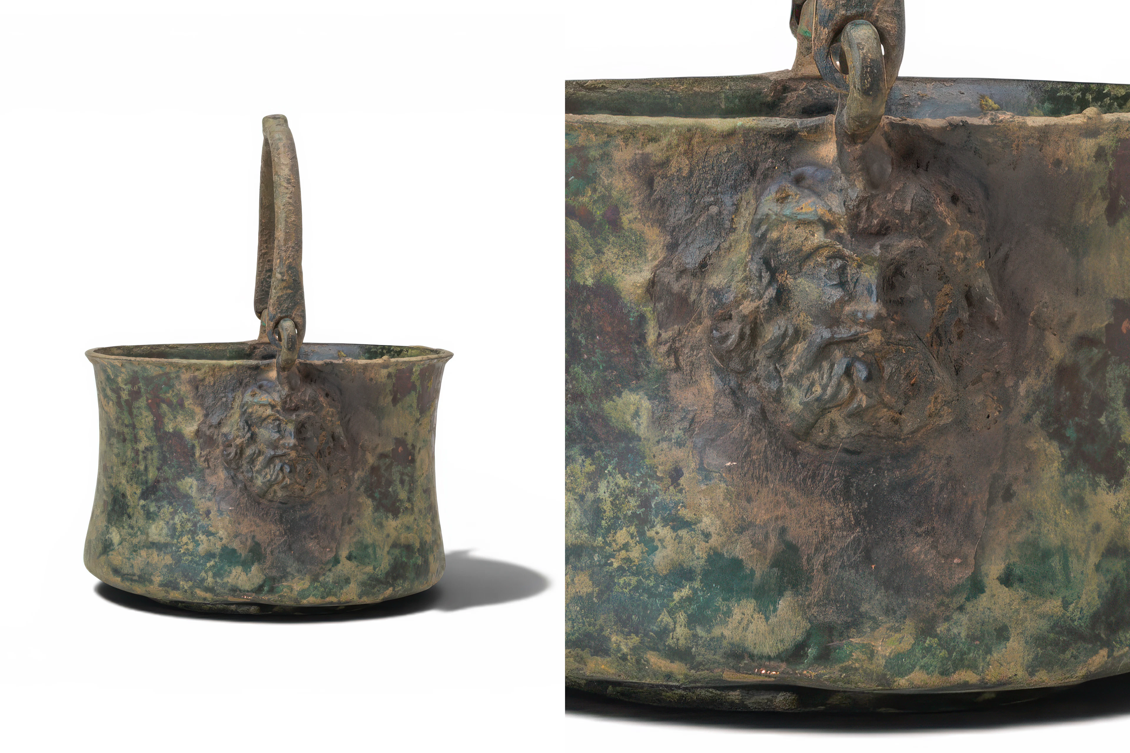 GREEK DEEP BRONZE BOWL WITH HANDLE ADORNED WITH HEADS OF ZEUS