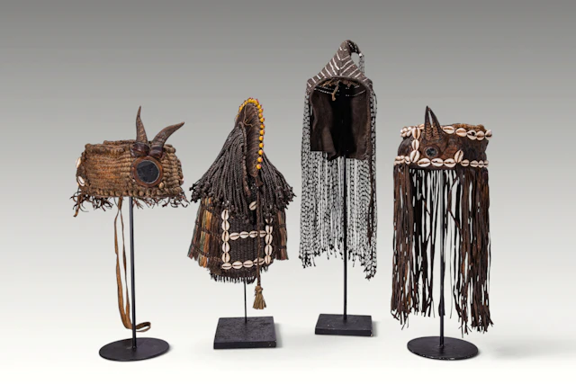 GROUP OF DOGON BEADED BEDE HELMET MASKS