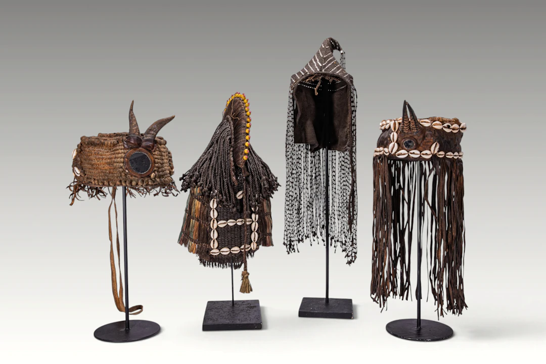 GROUP OF DOGON BEADED BEDE HELMET MASKS
