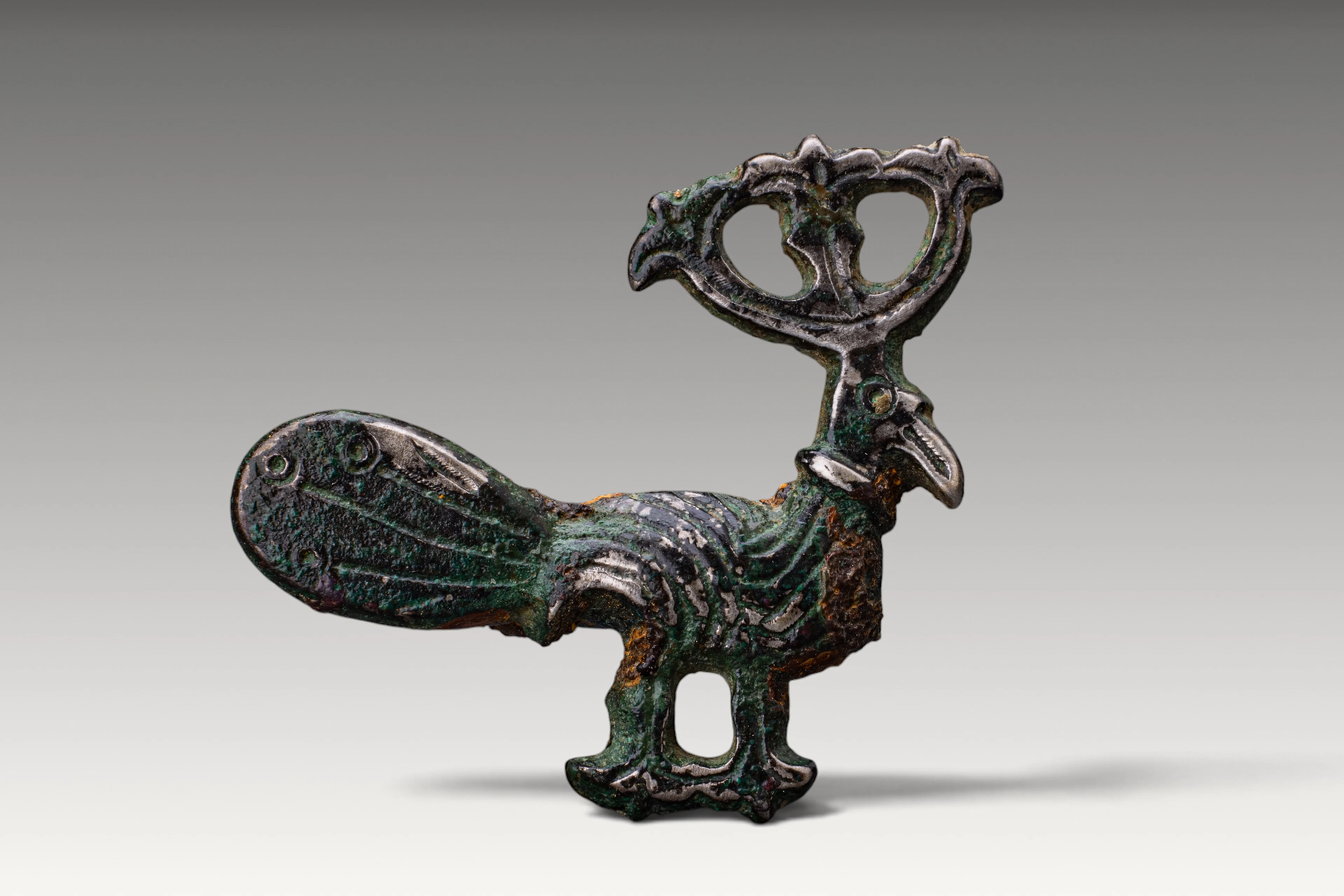 RARE VIKING SILVER-INLAID BRONZE PHOENIX-SHAPED BROOCH
