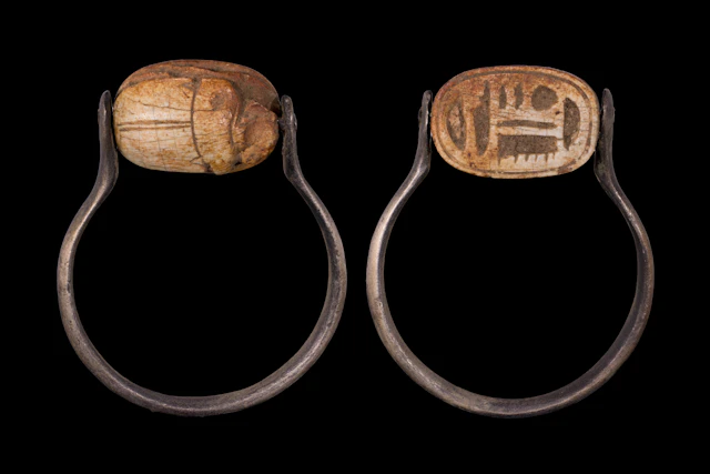 EGYPTIAN GLAZED SCARAB WITH SOBEK-RE AND WADJET IN SILVER RING