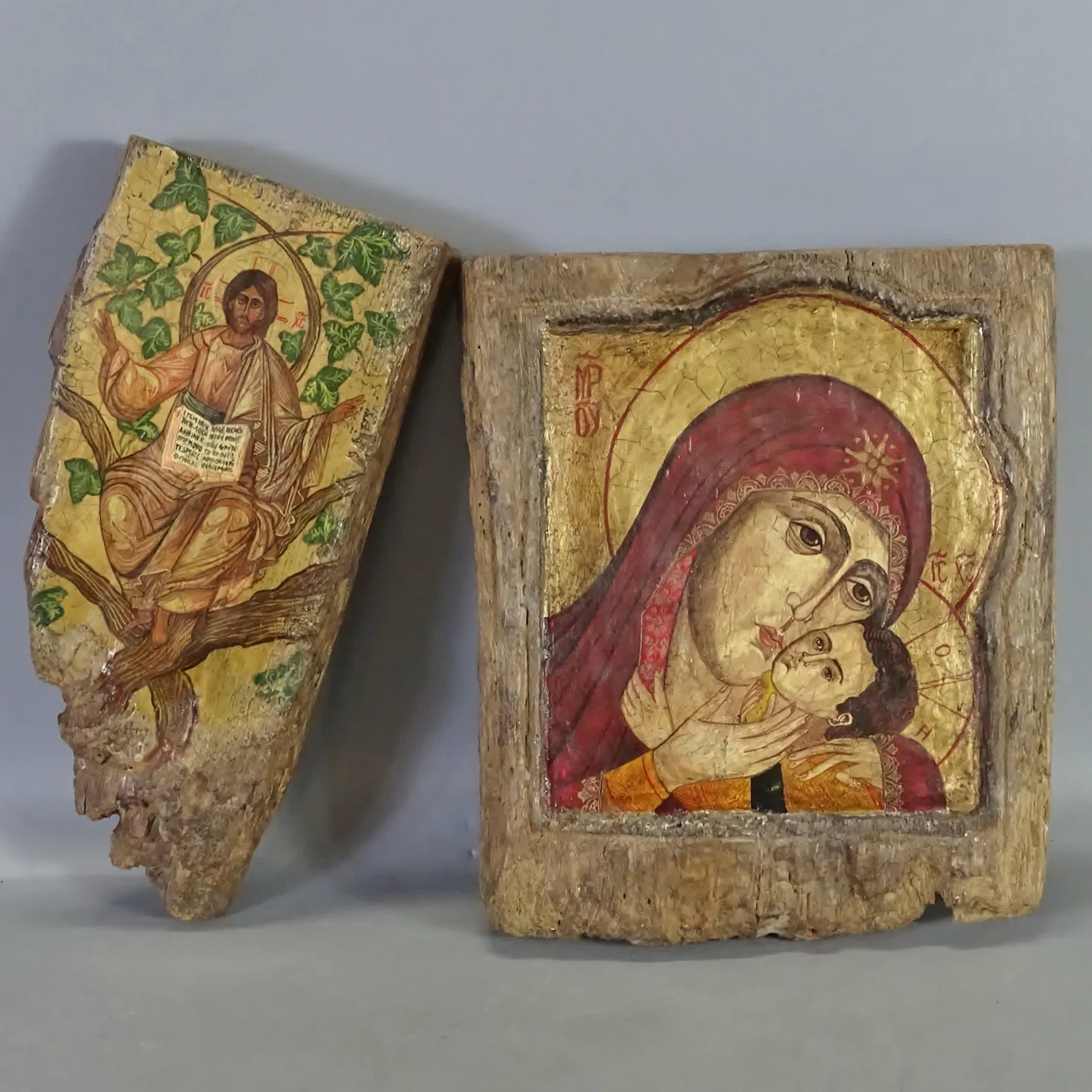 2 st. ikoner, "Guds moder med Jesusbarnet och Kristus och apostlarna"