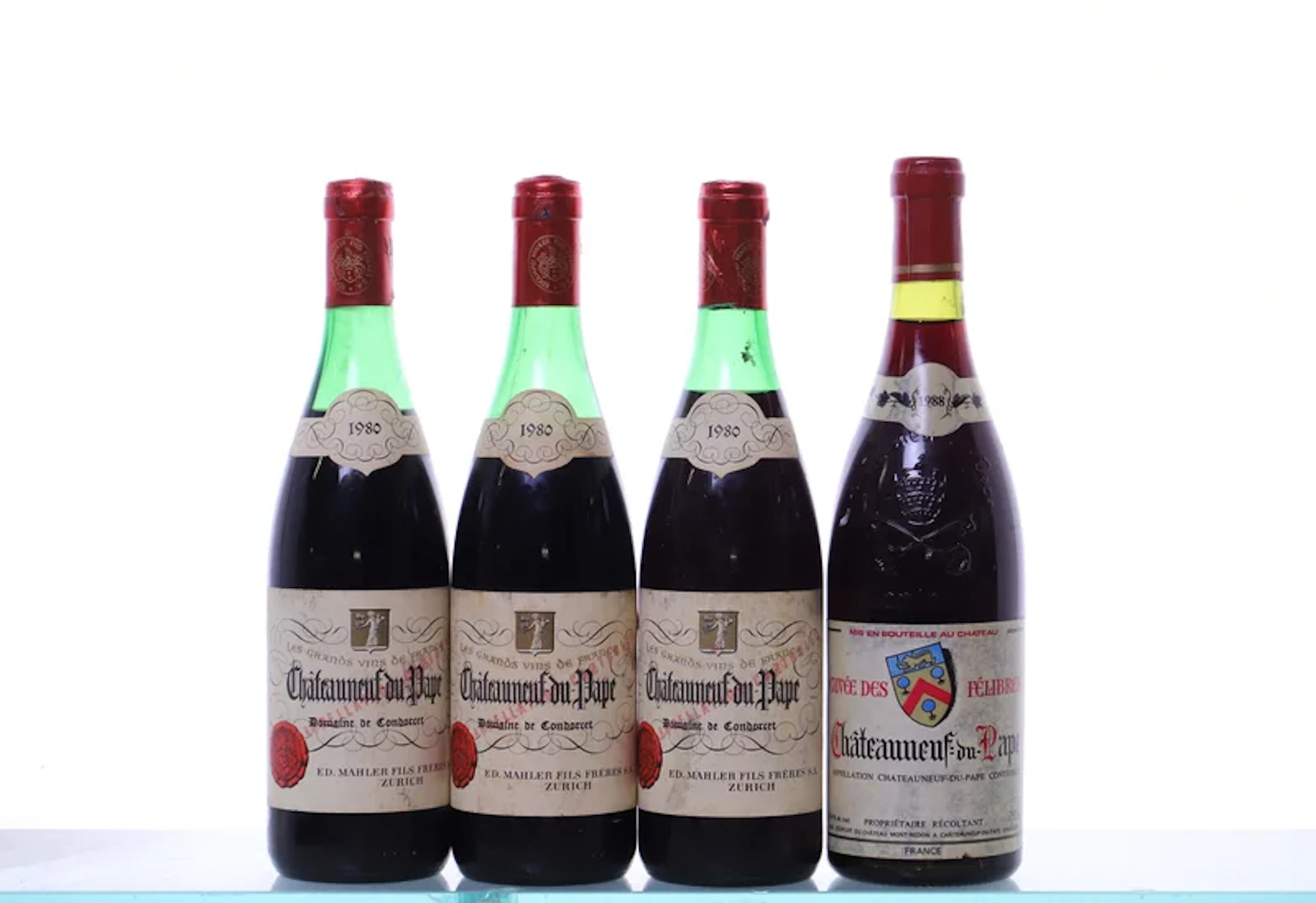4 bottles. CHÂTEAUNEUF-DU-PAPE mixed. 3x 1980 Dom. Concorcet, mn (Mahler)