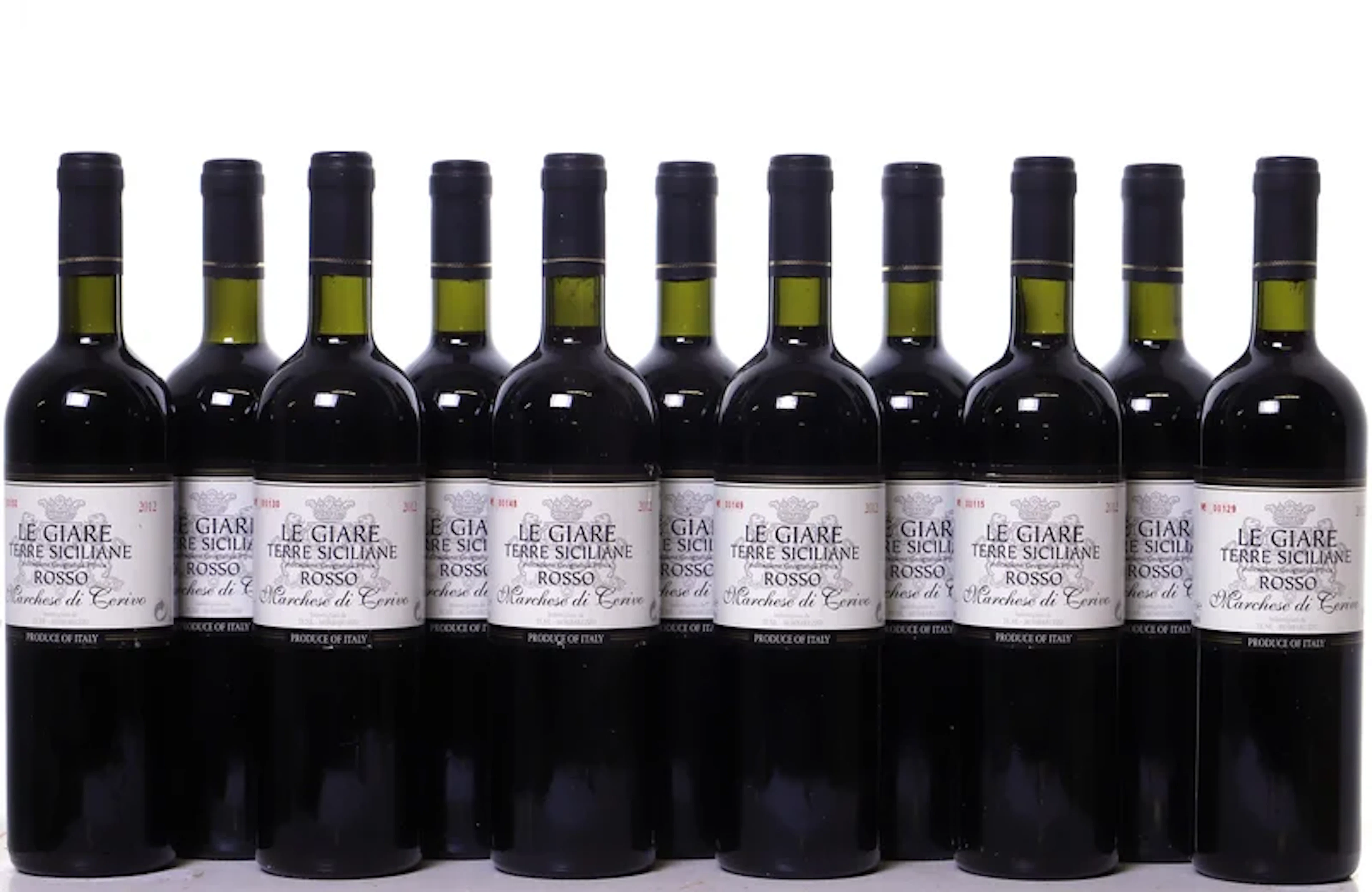 11 bottles. SICILIA Marchese di Cerivo, Le Giare Terre Siciliane Rosso, 2012.