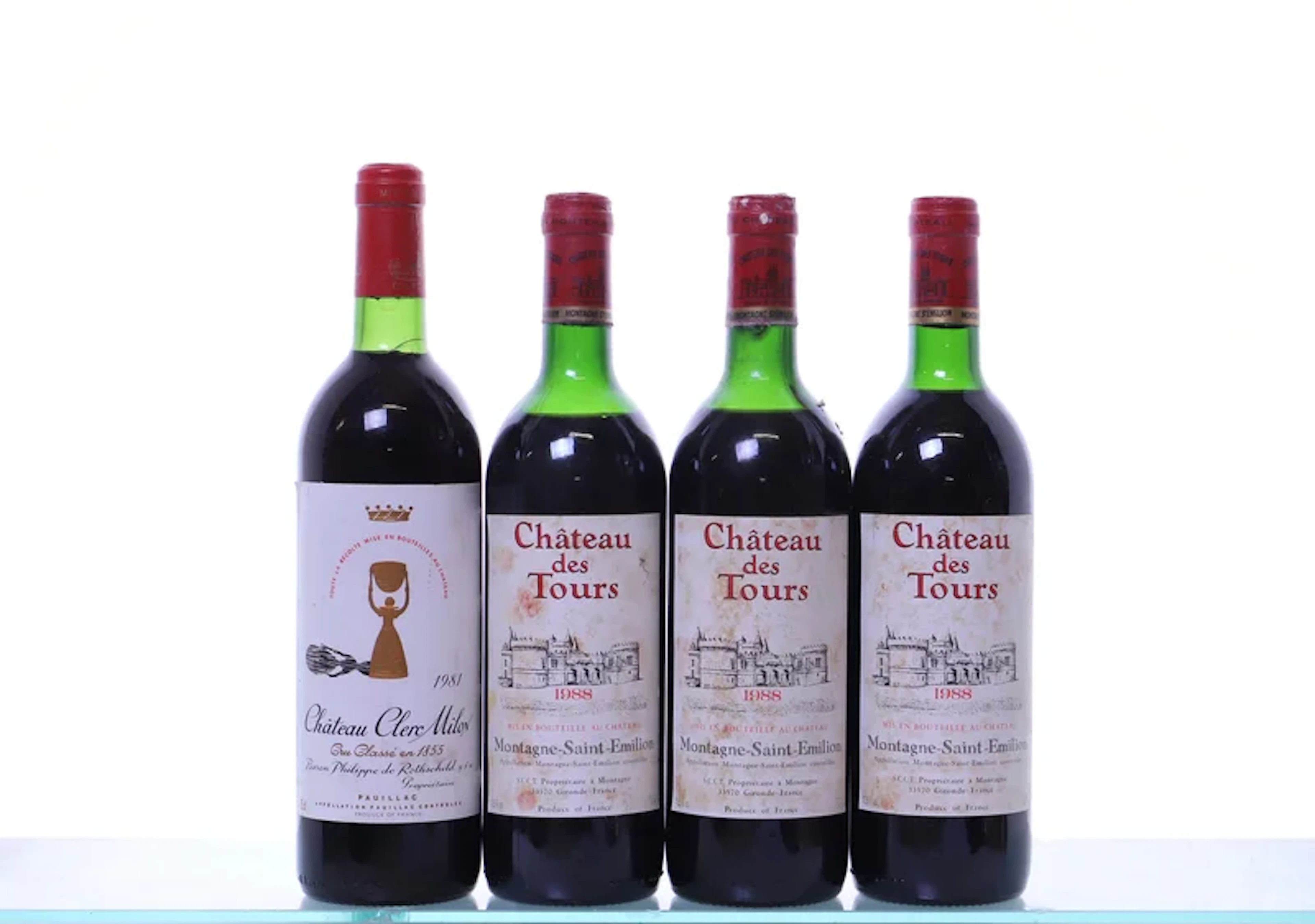 4 bottles. Bordeaux mixed. 1x 1981 Clerc Milon, 3x 1988 des Tours