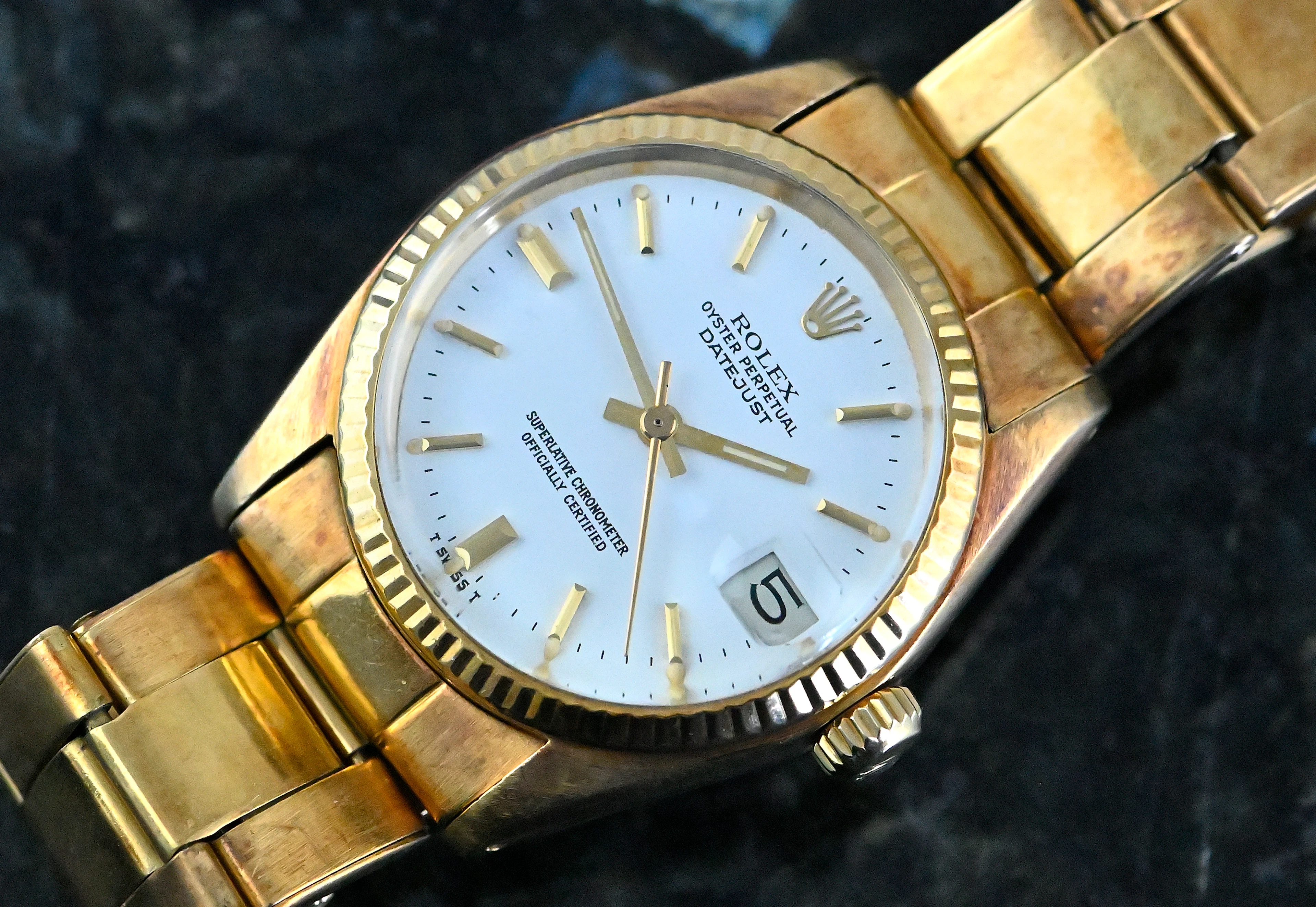 Rolex 6827 Vintage Datejust 31 white dial tolle Oxidation unpoliert Gelbgold