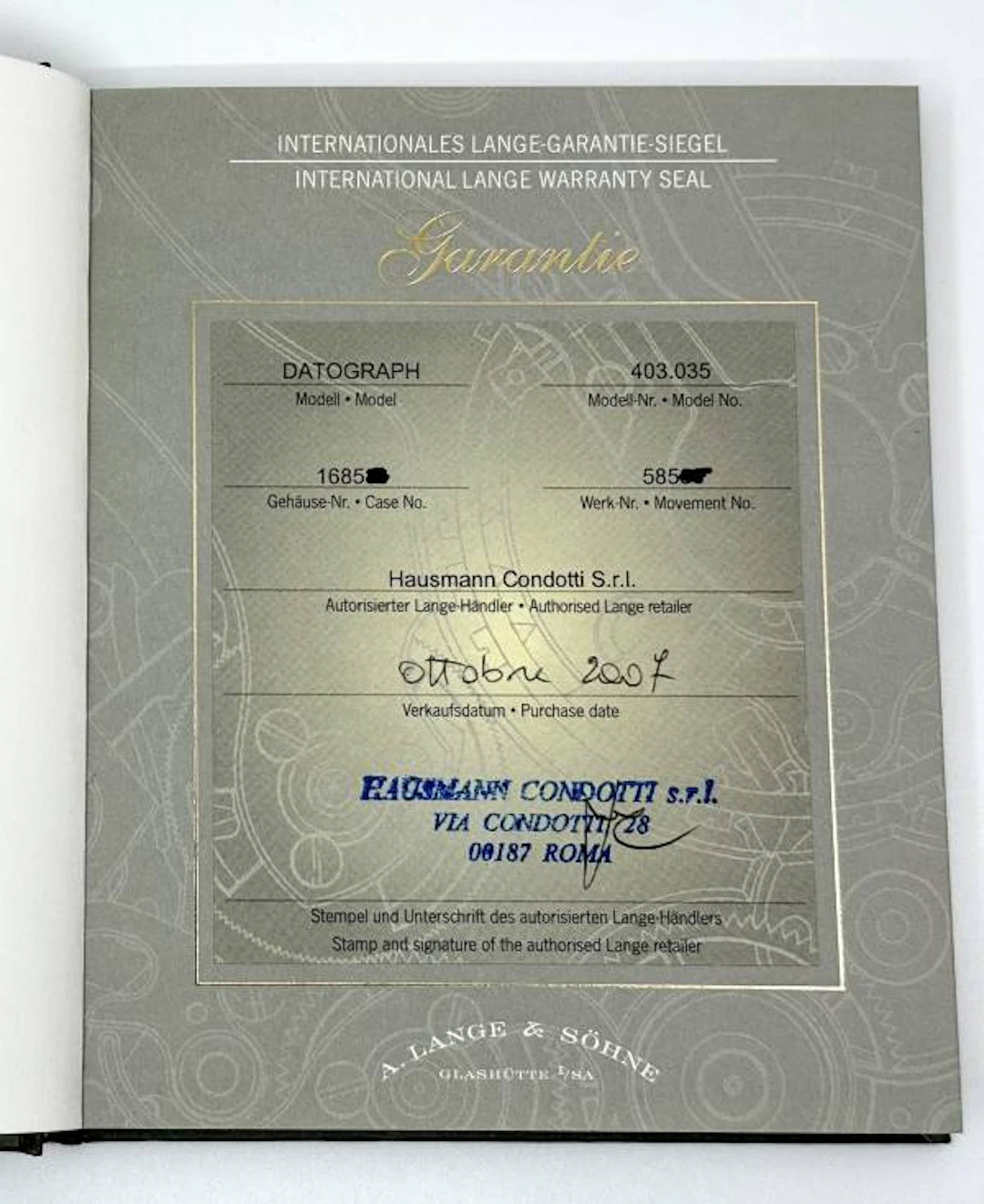 A. Lange und Soehne Datograph in Platin Ref. 403.035 Zertifikat 2007