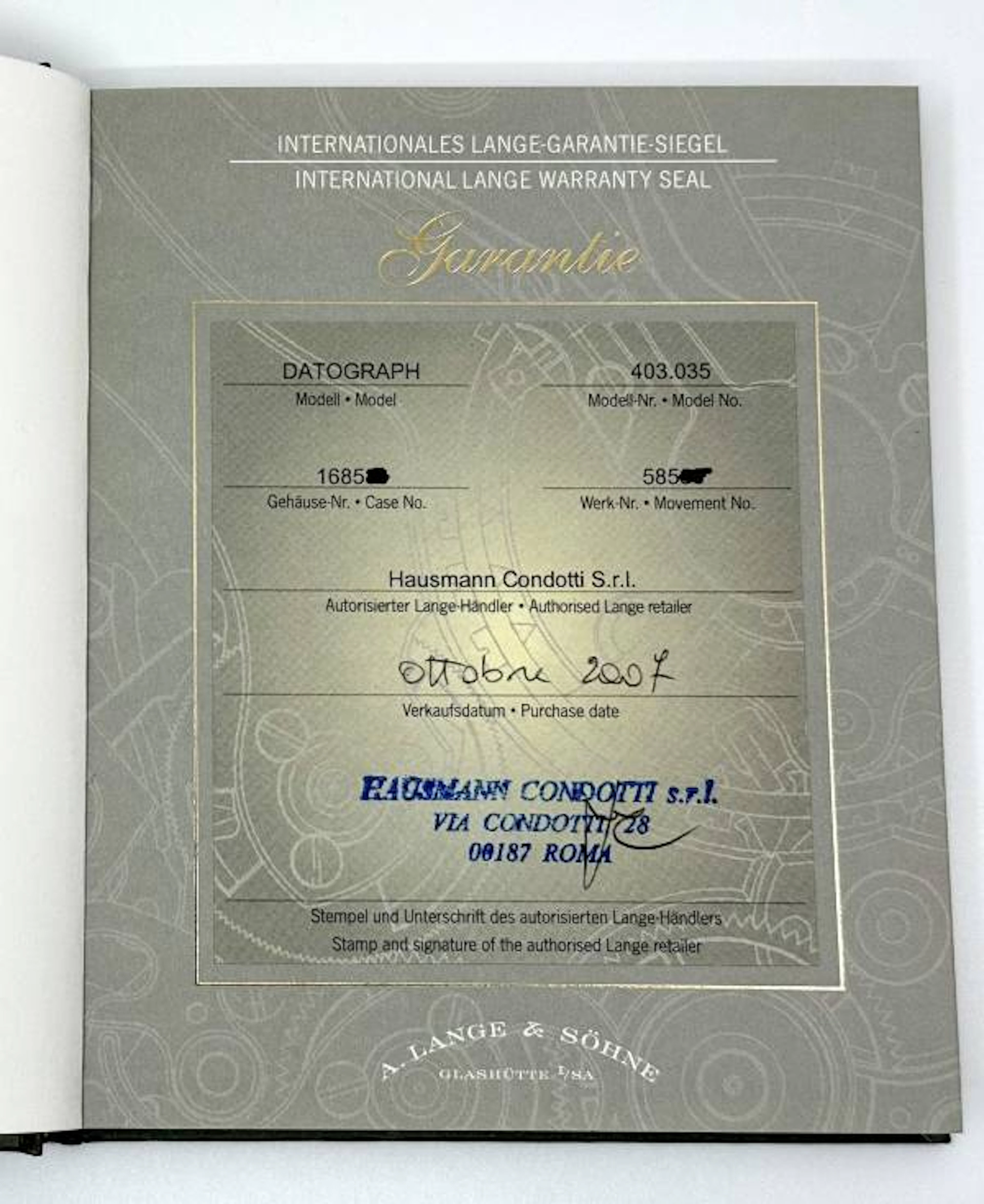 A. Lange und Soehne Datograph in Platin Ref. 403.035 Zertifikat 2007