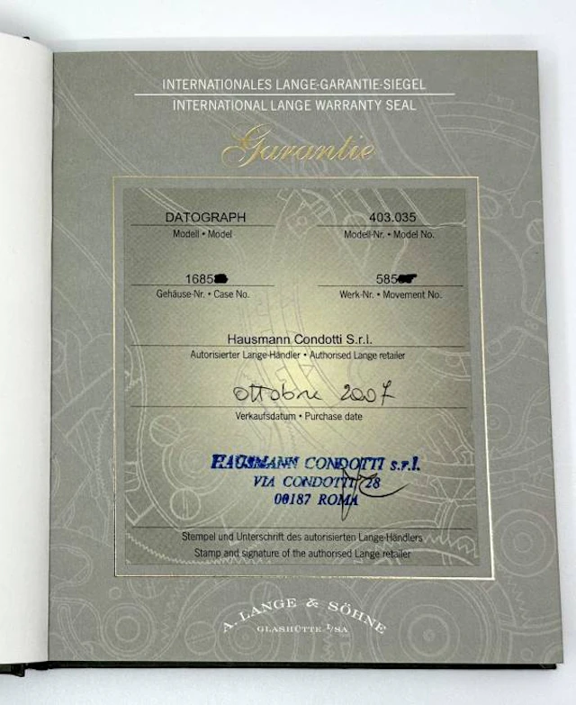 A. Lange und Soehne Datograph in Platin Ref. 403.035 Zertifikat 2007