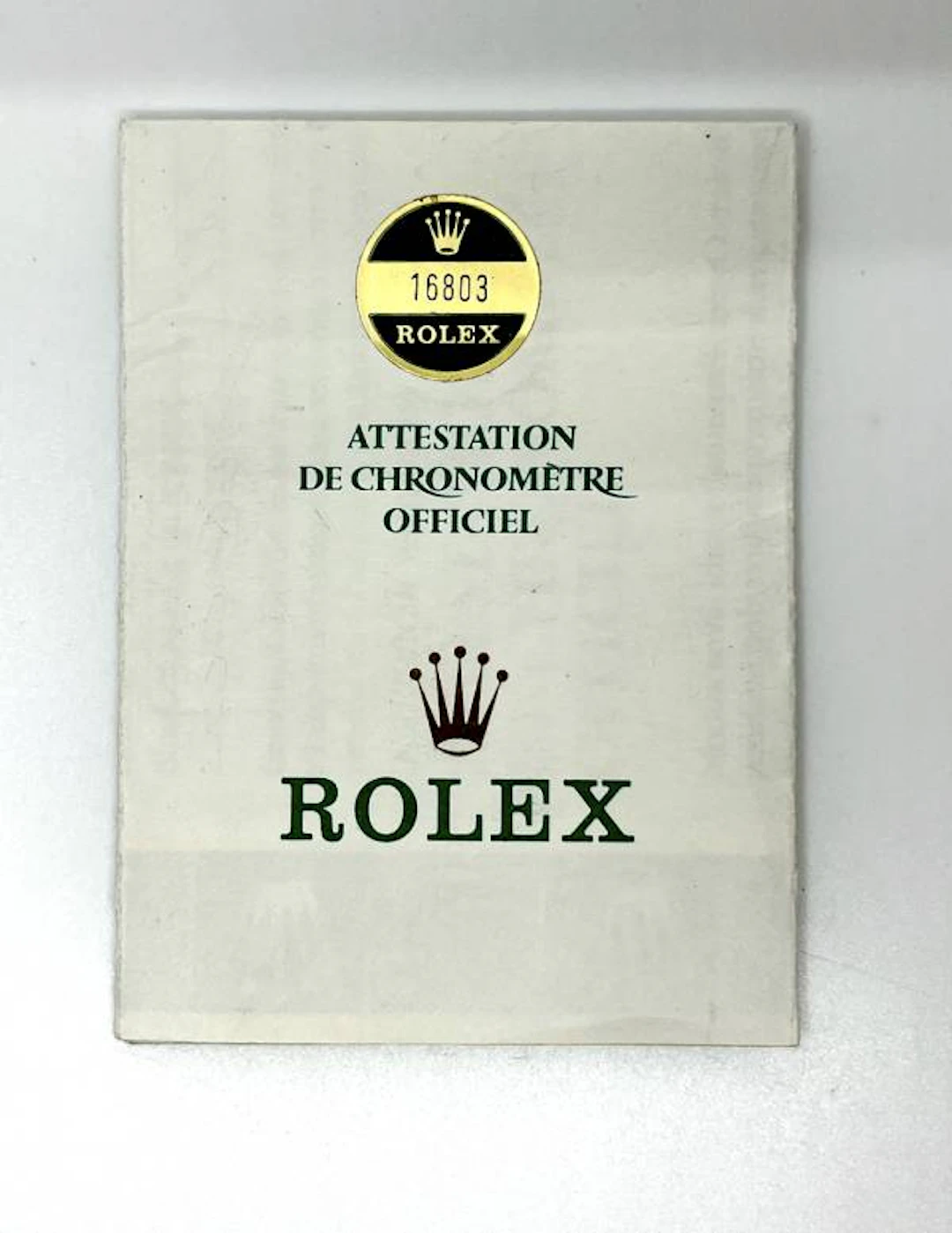 Rolex Zertifikat für die Ref. 16803 mit der Seriennr. 8847951