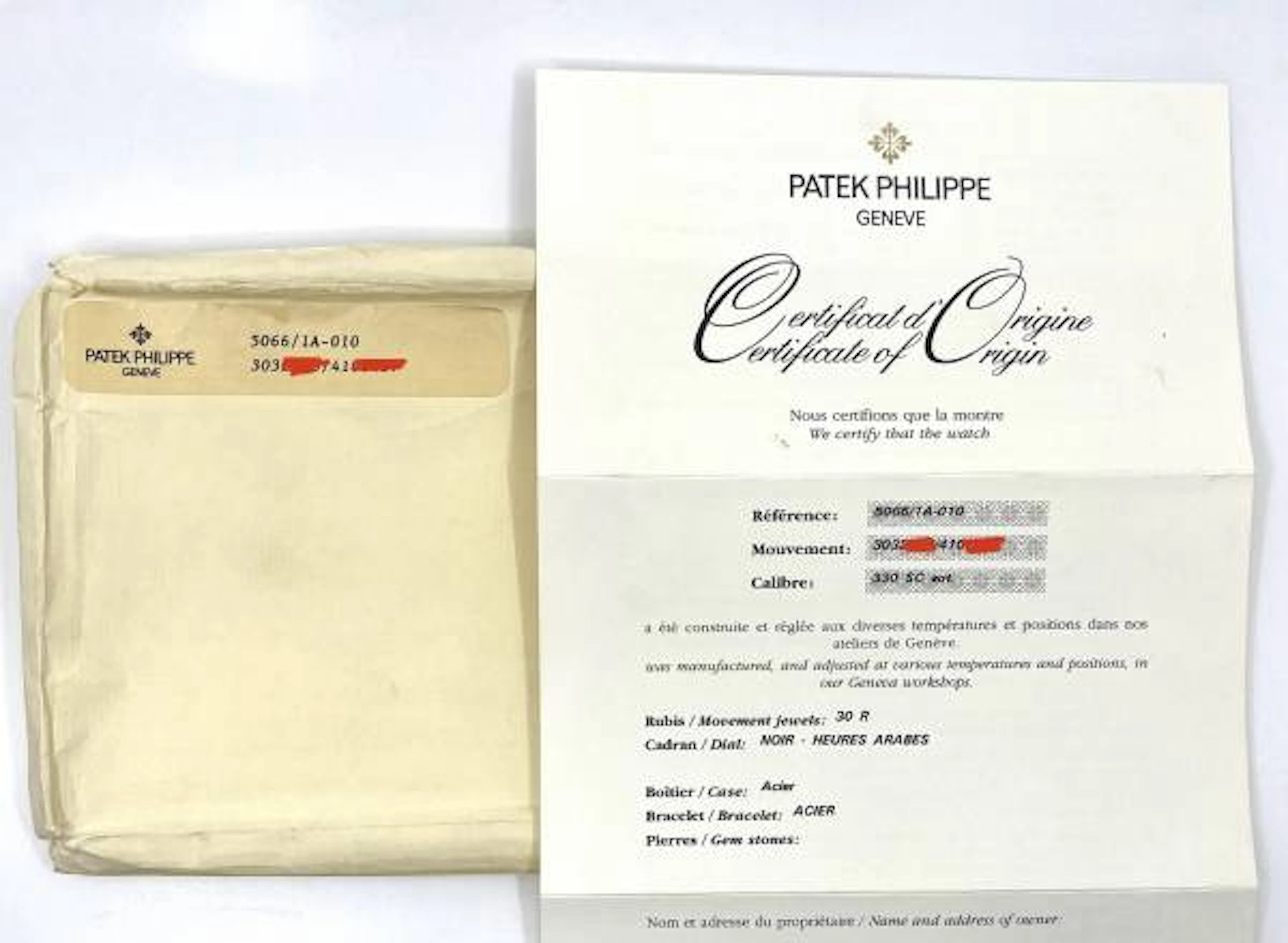 Patek Philippe Aquanaut Ref. 5066 Zertifikat + Kuvert mit Werk- und