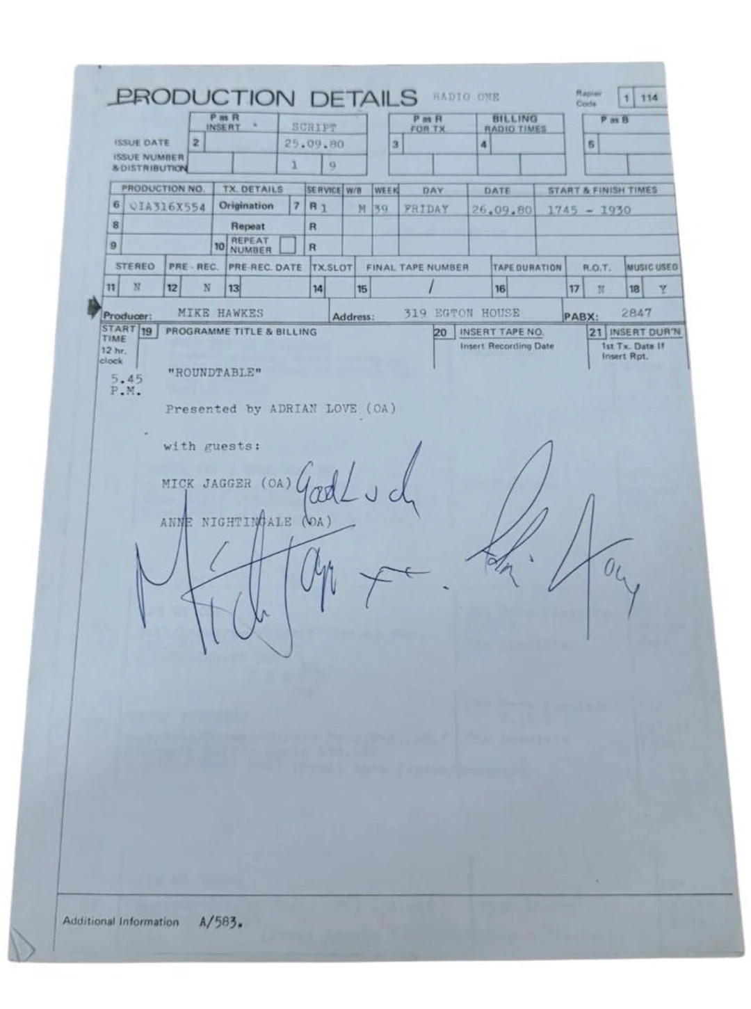 The Rolling Stones: Mick Jagger Signed Production Radio Round Table