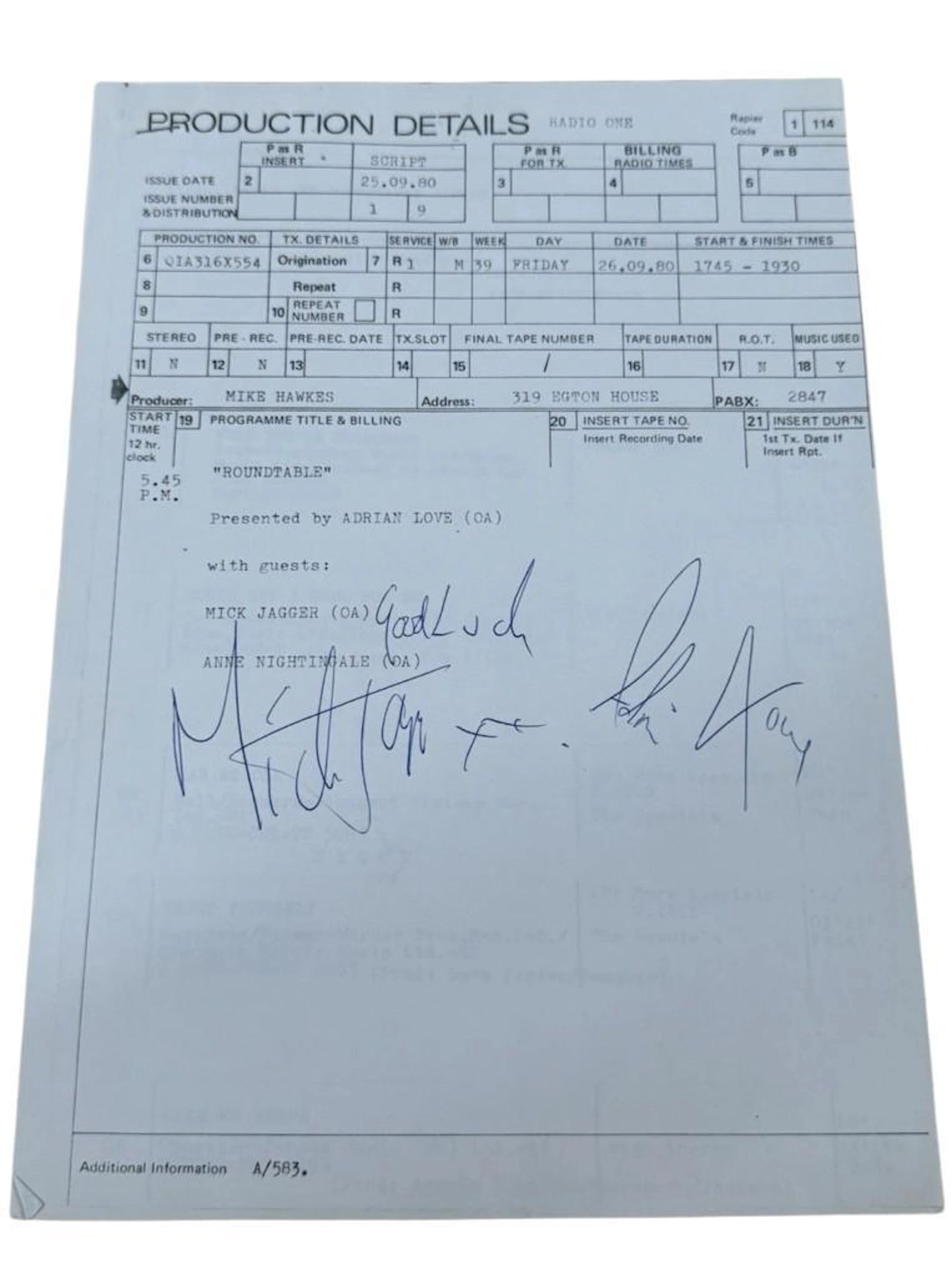 The Rolling Stones: Mick Jagger Signed Production Radio Round Table