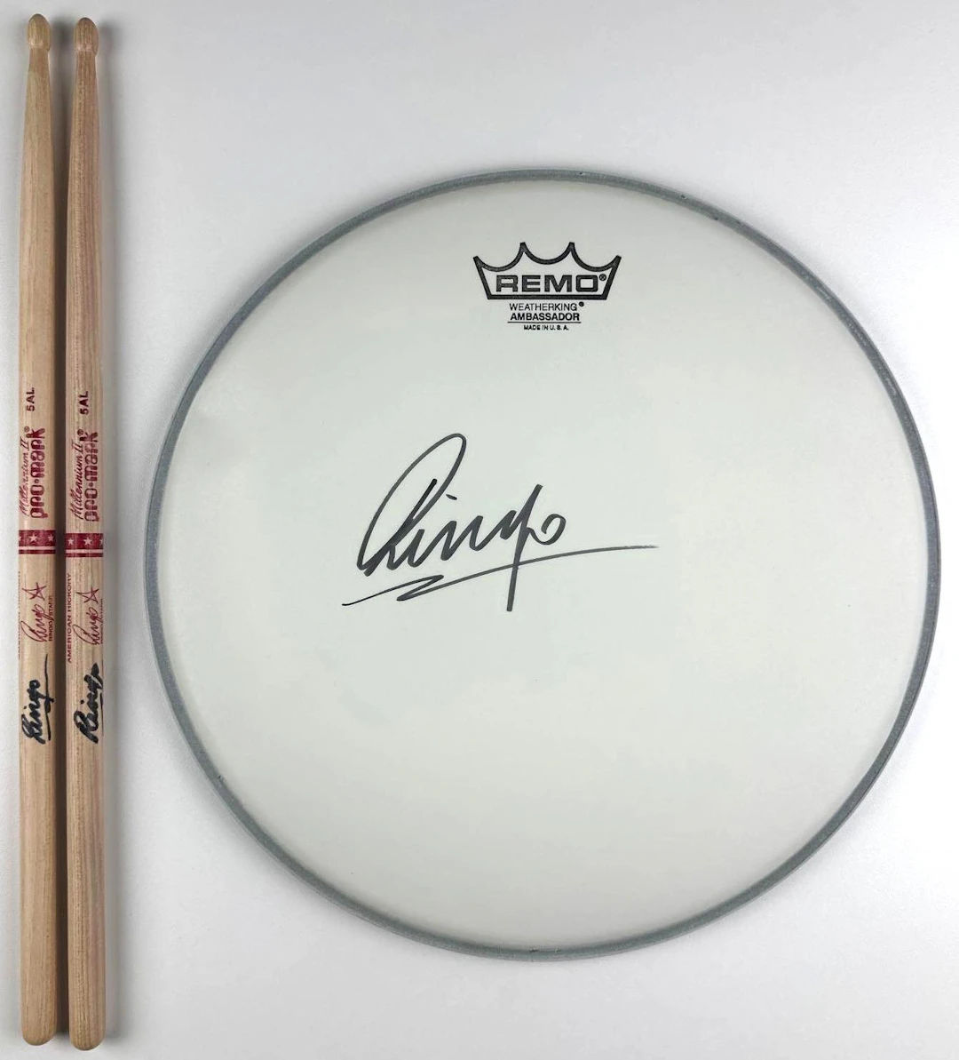 The Beatles: Ringo Starr Signed Lot of (3) Remo Drumhead & ProMark