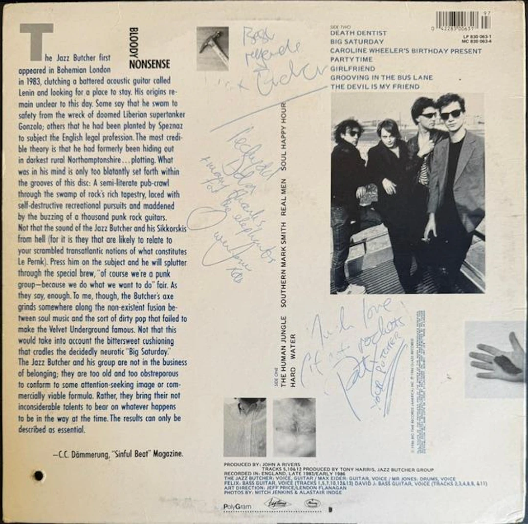 The Jazz Butcher Group Signed "Bloody Nonsense" Album (3 Sigs) (Third