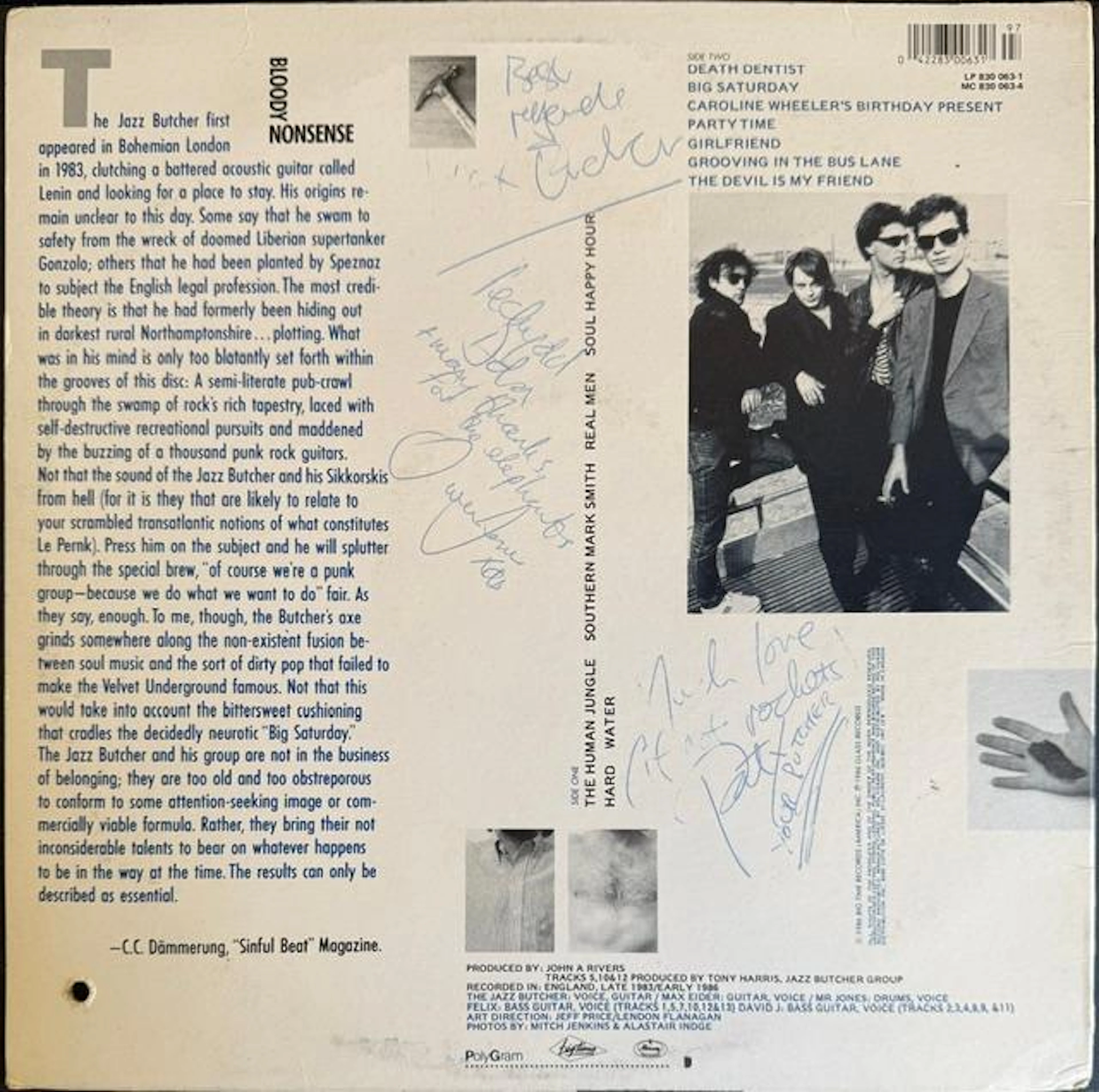 The Jazz Butcher Group Signed "Bloody Nonsense" Album (3 Sigs) (Third