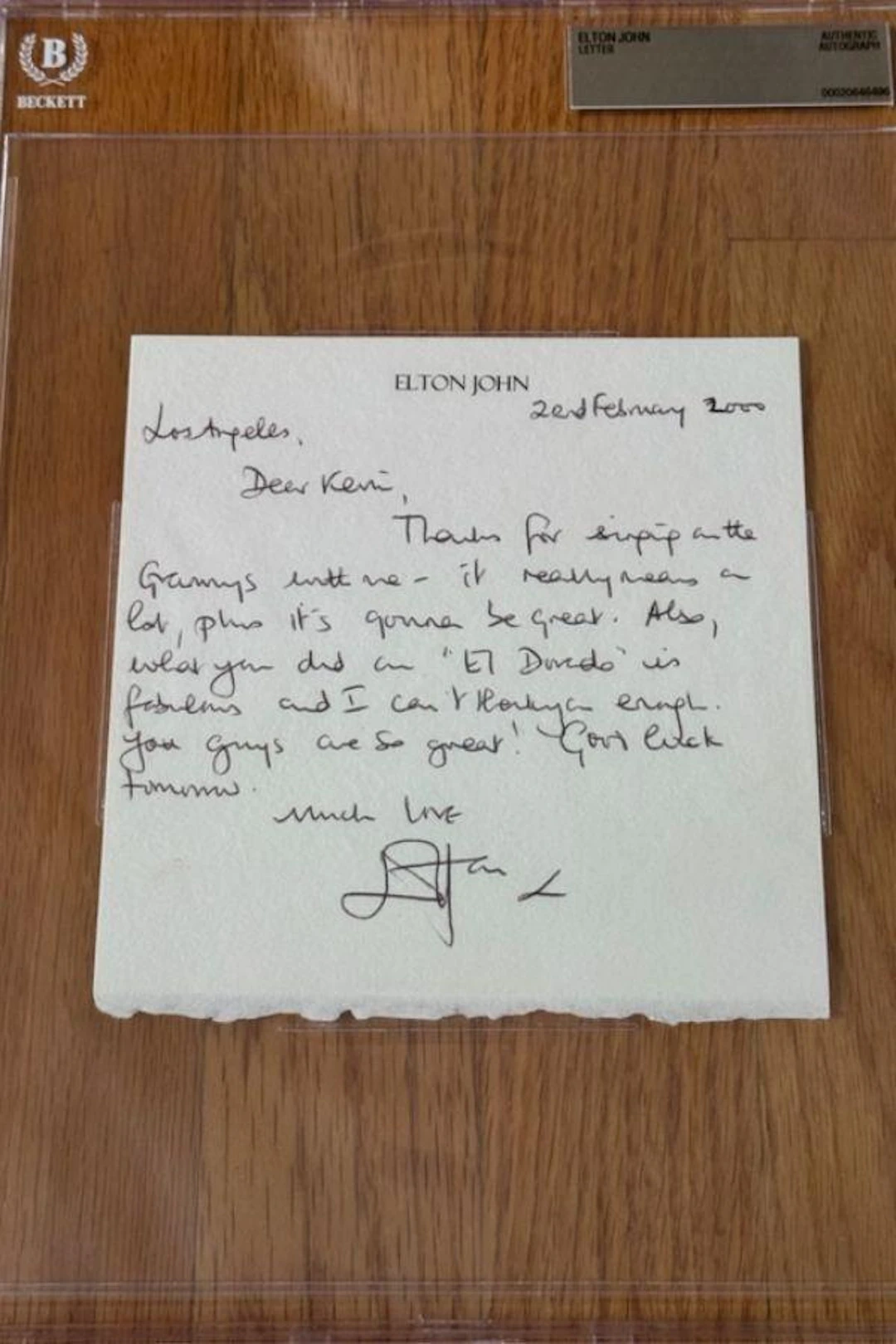 Elton John Handwritten & Signed Grammy Presentation Thank You Letter