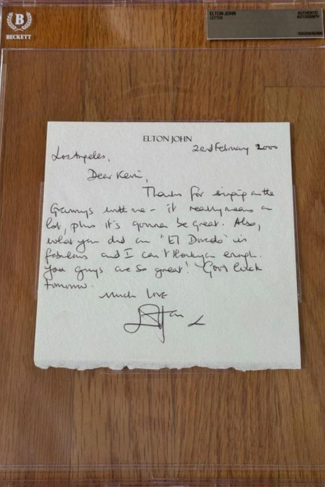 Elton John Handwritten & Signed Grammy Presentation Thank You Letter
