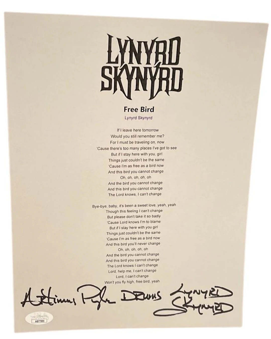 Lynyrd Skynyrd: Artimus Pyle Signed "Free Bird" Lyric Sheet (JSA