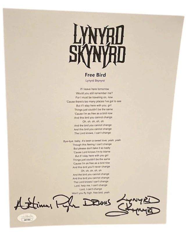 Lynyrd Skynyrd: Artimus Pyle Signed "Free Bird" Lyric Sheet (JSA
