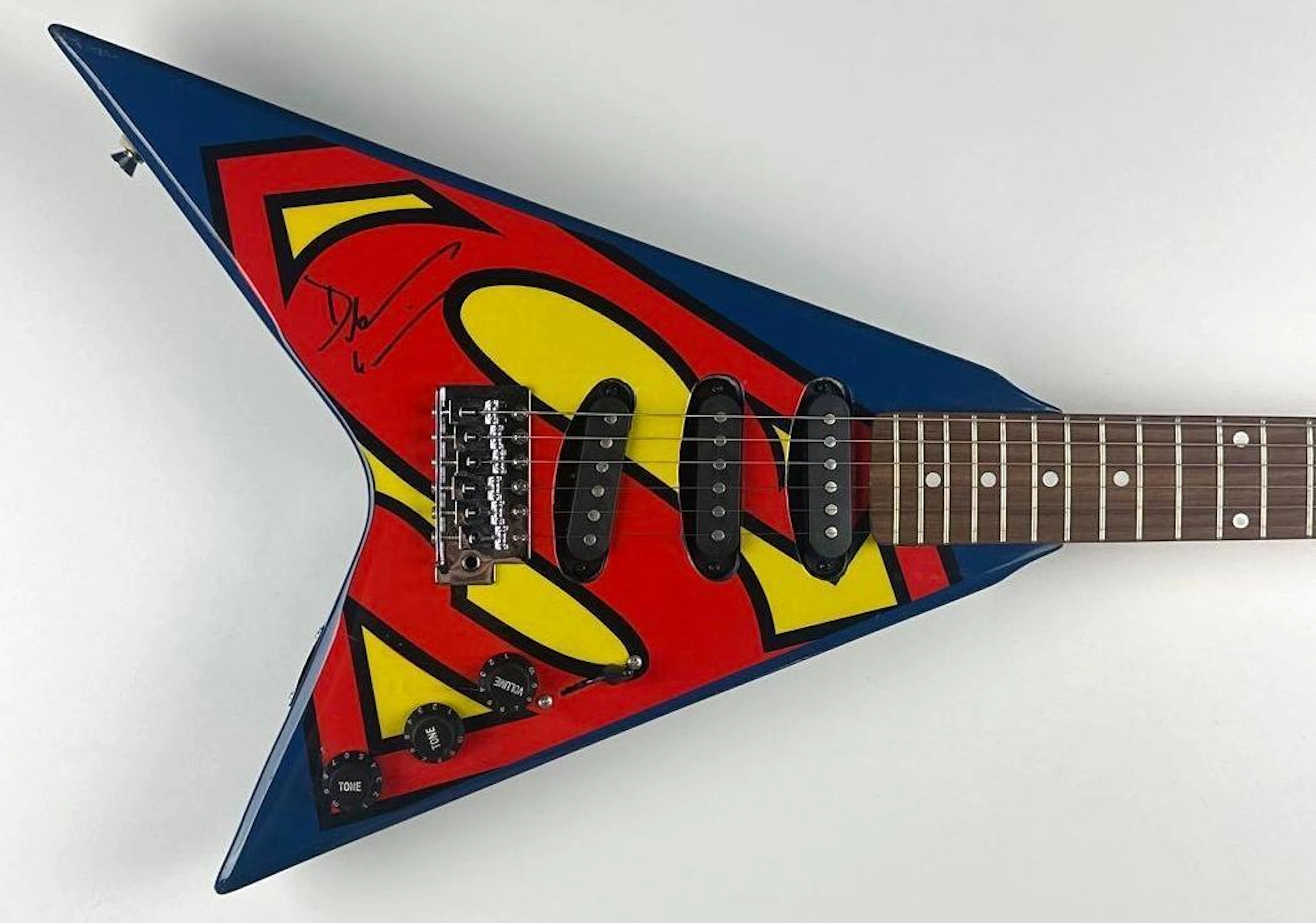 Superman: Dean Cain Signed Superman Graphics V-Shaped Guitar (Third Party)