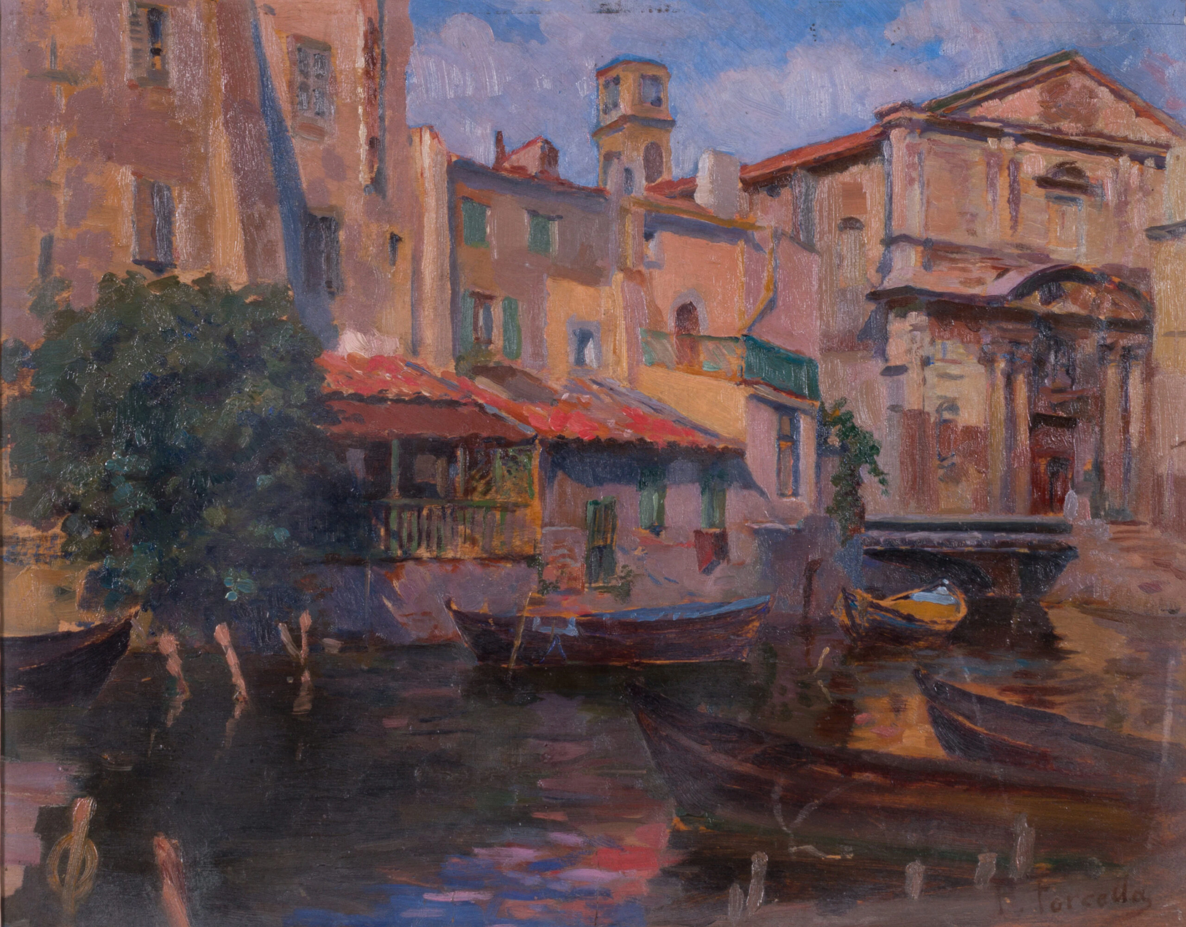Paolo Forcella (b. 1868) - Venetian Canal with Boats and a Church
