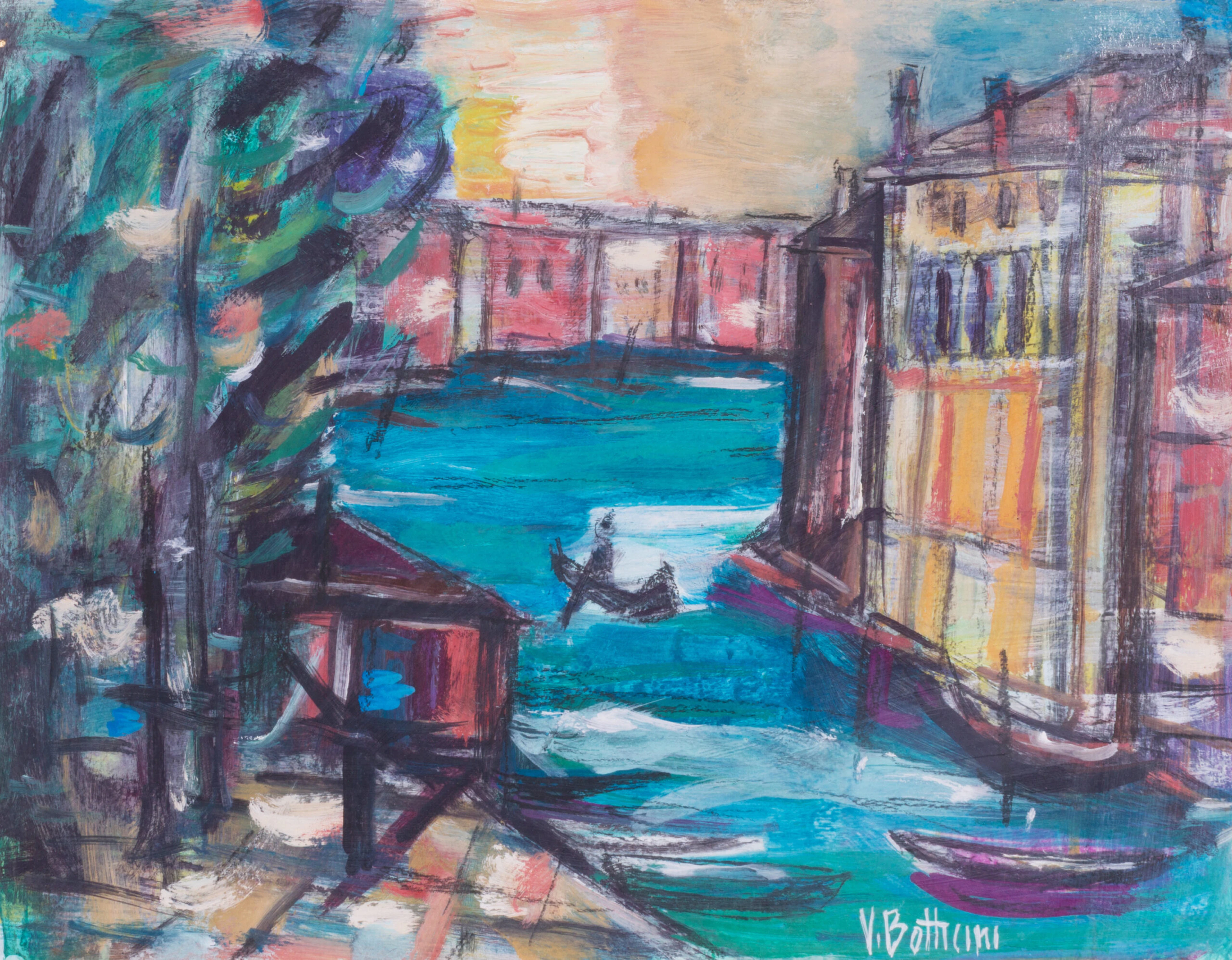 Vittorio Botticini (1909-1978) - Venice, Canal with a Gondola at Sunset