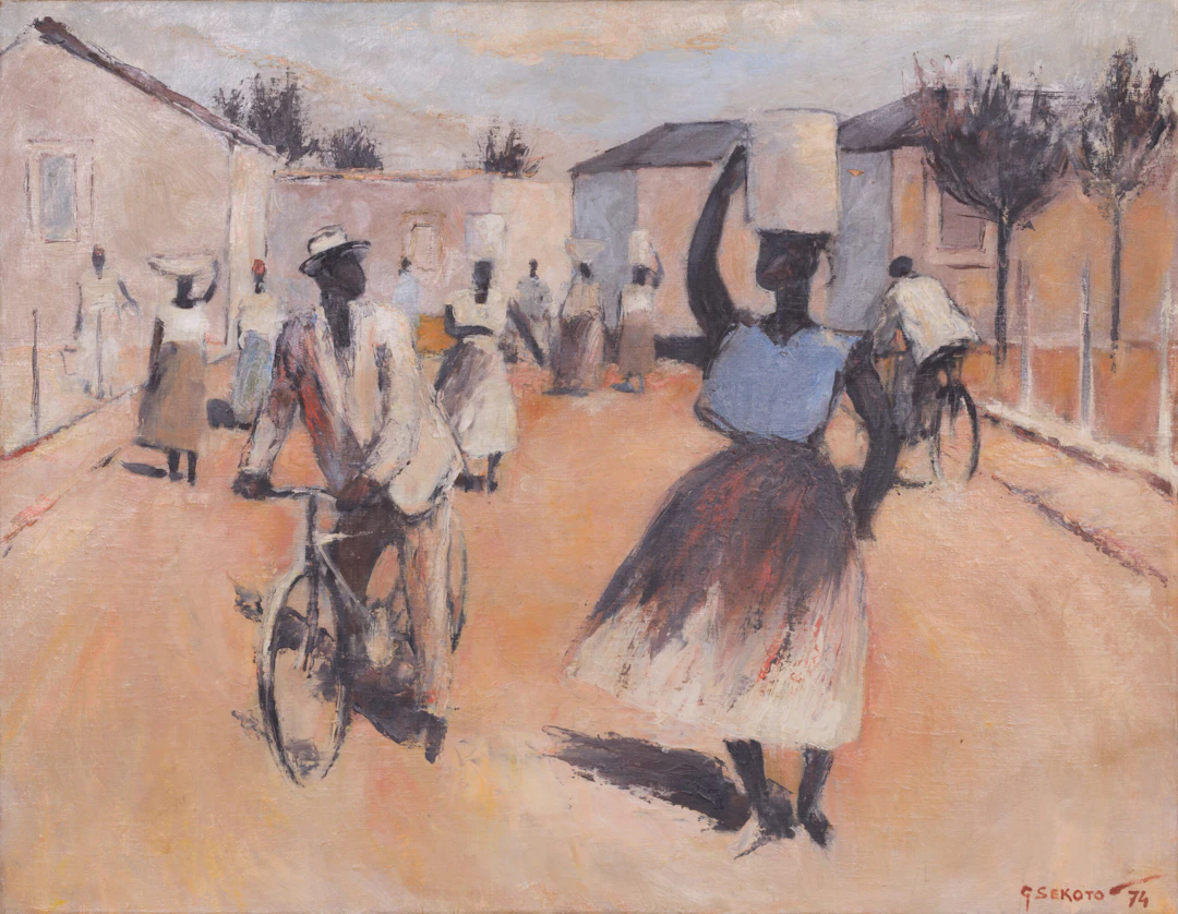 Gerard Sekoto (1913-1993) - Township Street with Cyclist and Woman