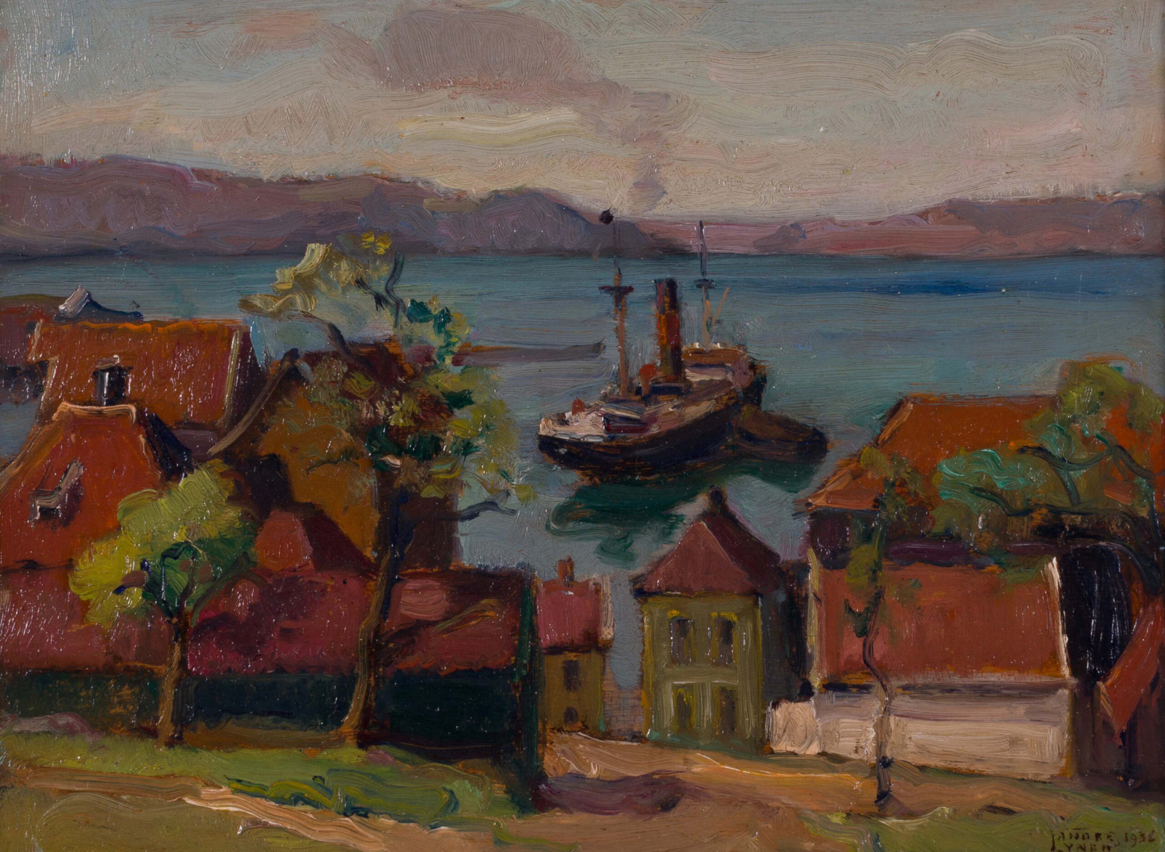 André Lynen (1888-1984) - Steamer in the Harbour with Red-Roofed Houses, 1936