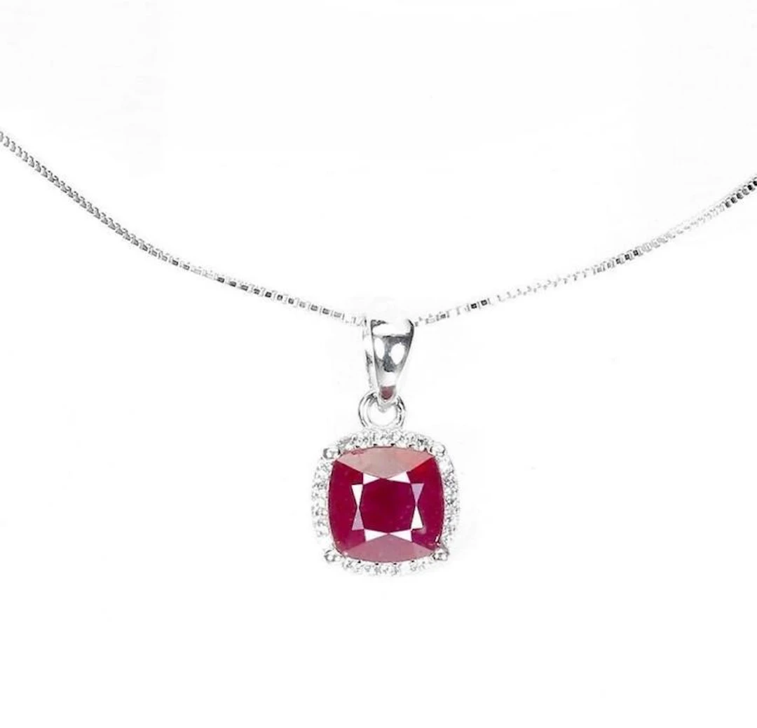 Natural Cushion Red Ruby Necklace