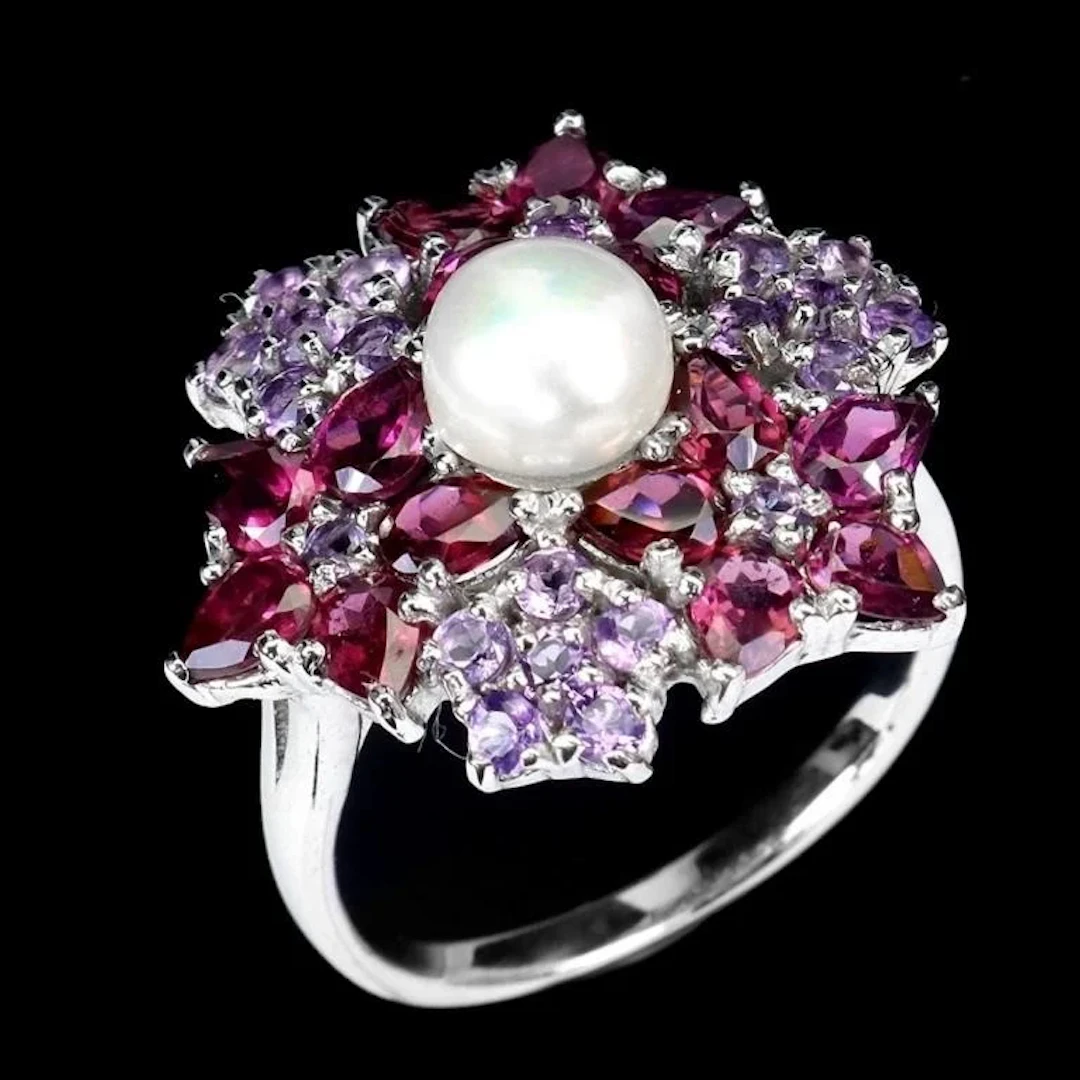 Natural Pearl Rhodolite Garnet Amethyst Ring