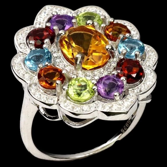 Natural Oval Citrine Topaz Peridot Garnet Ring