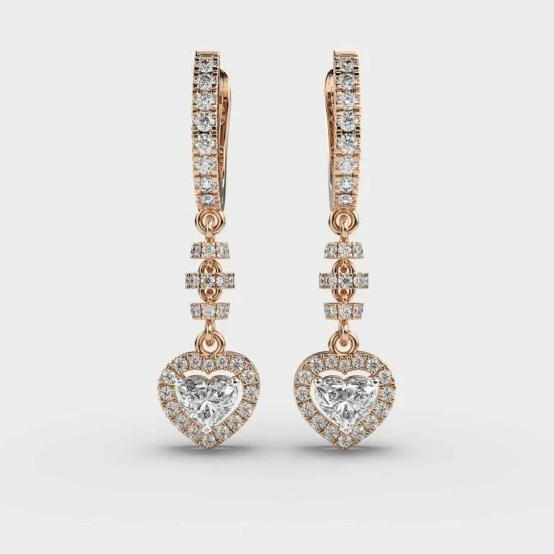 Gold & White Diamonds 5 Cts Hearts Drop EarRings